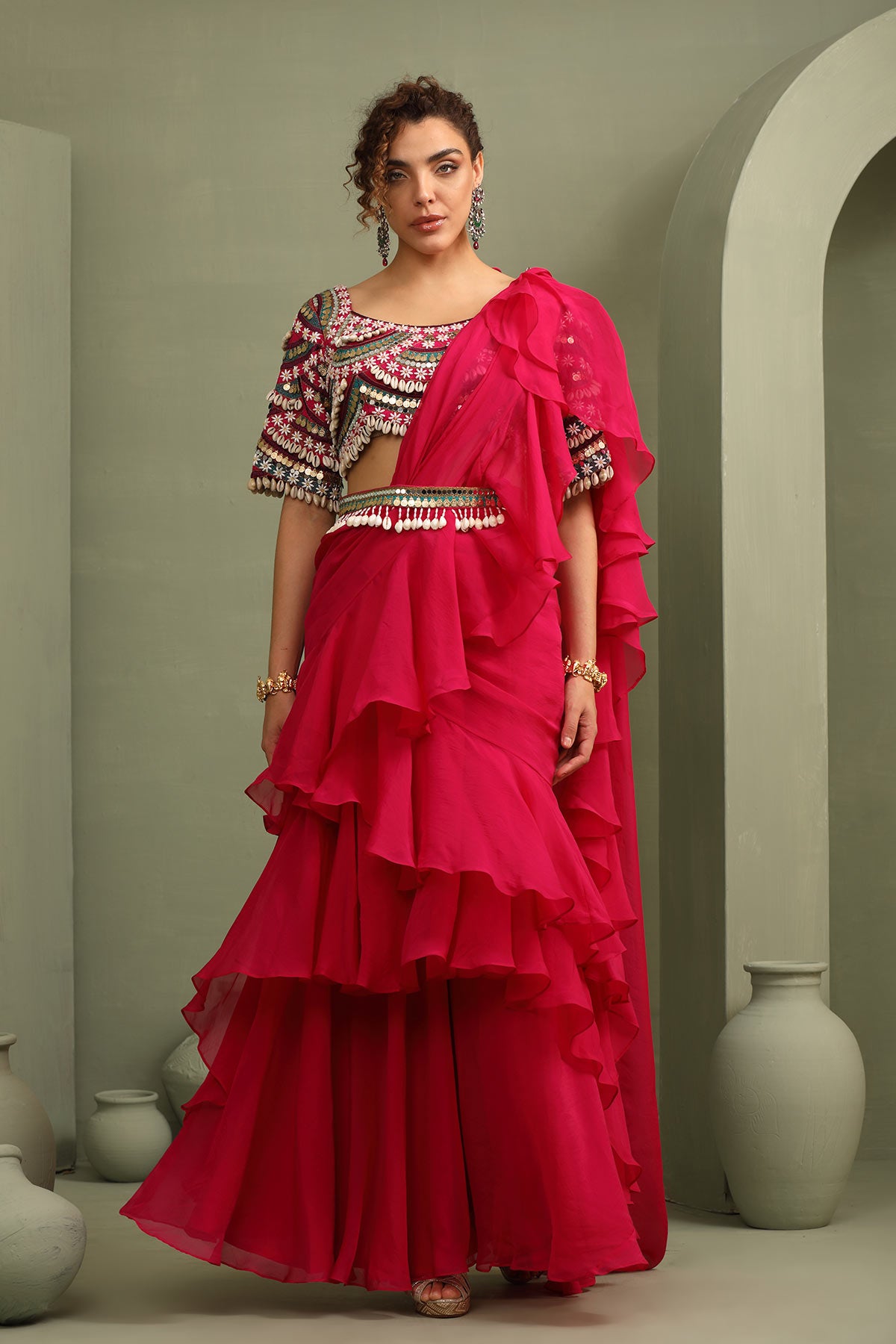 Kitsch colorful embellished blouse & ruffled pre-draped saree