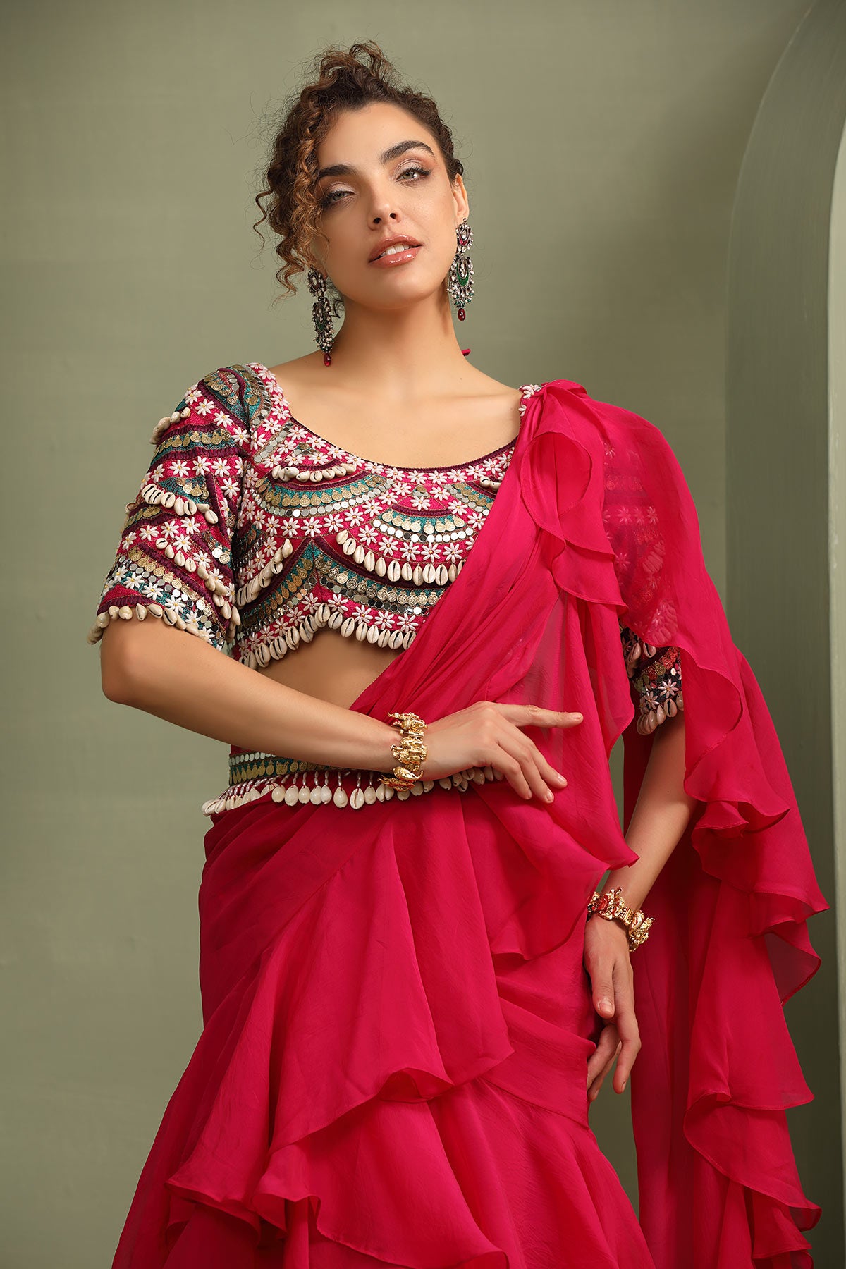 Kitsch colorful embellished blouse & ruffled pre-draped saree