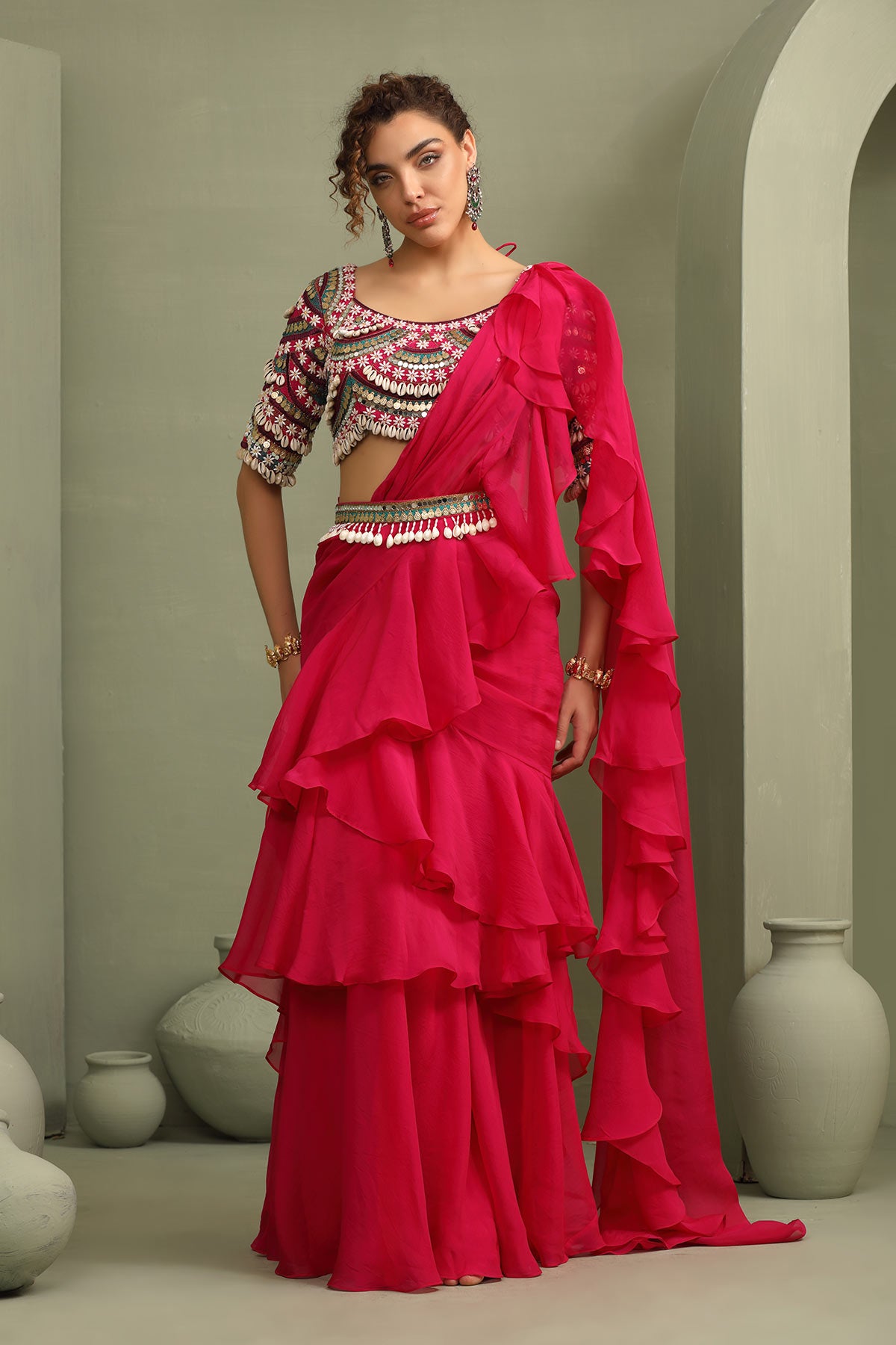 Kitsch colorful embellished blouse & ruffled pre-draped saree