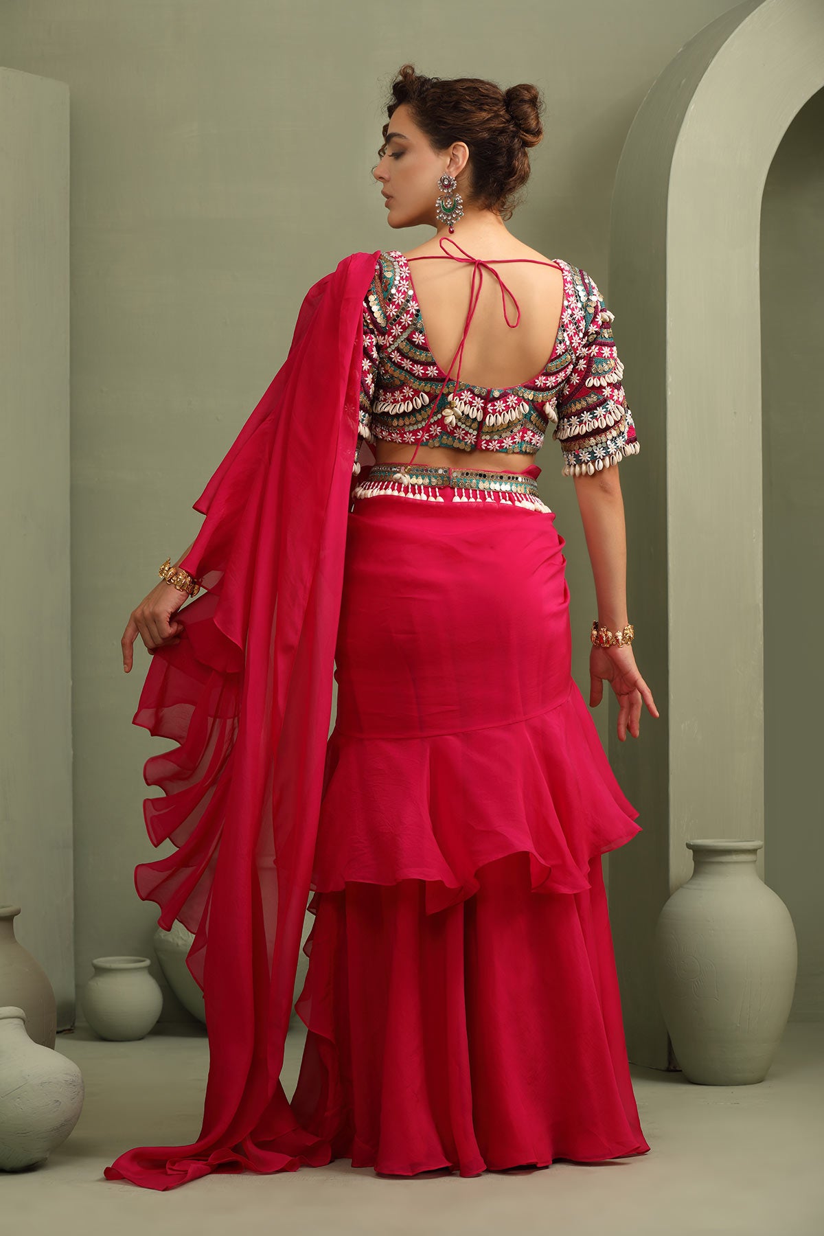 Kitsch colorful embellished blouse & ruffled pre-draped saree