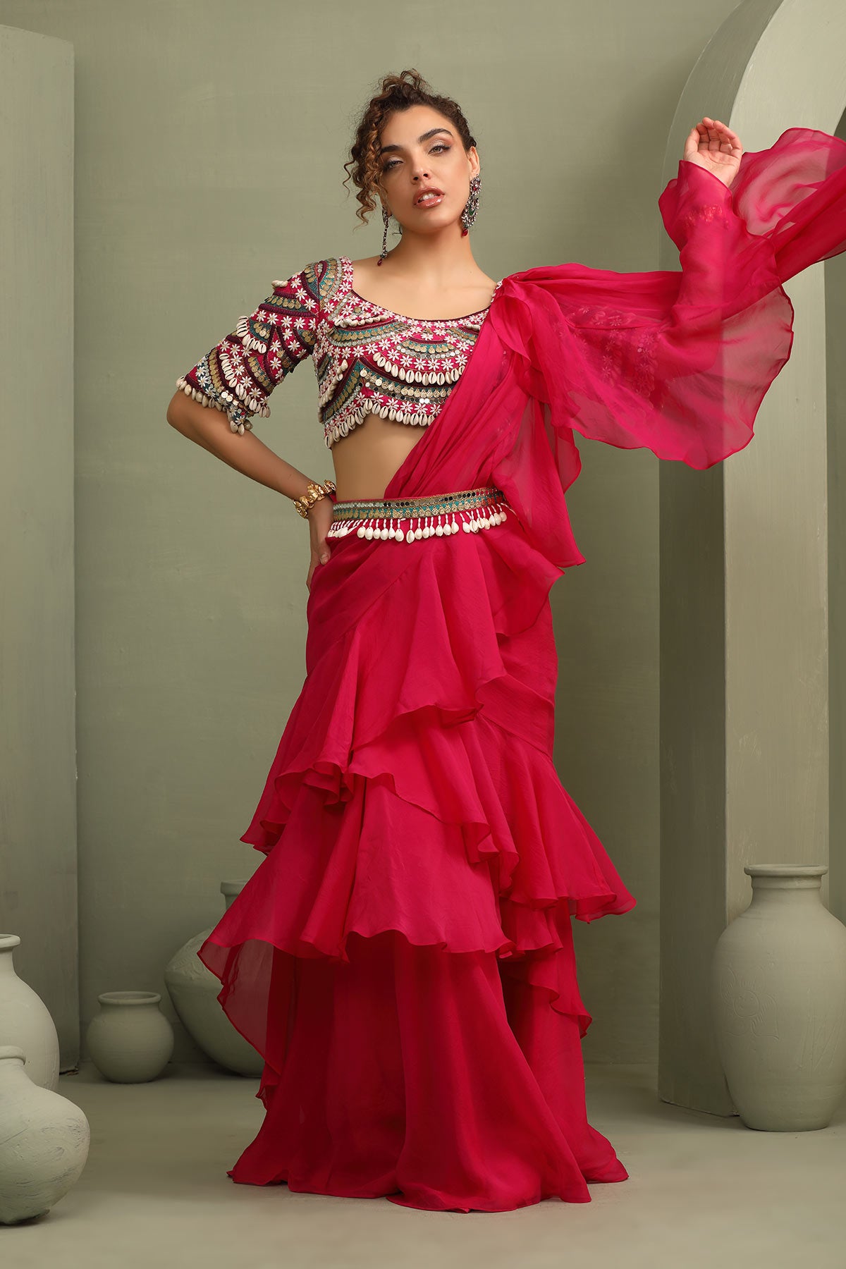 Kitsch colorful embellished blouse & ruffled pre-draped saree