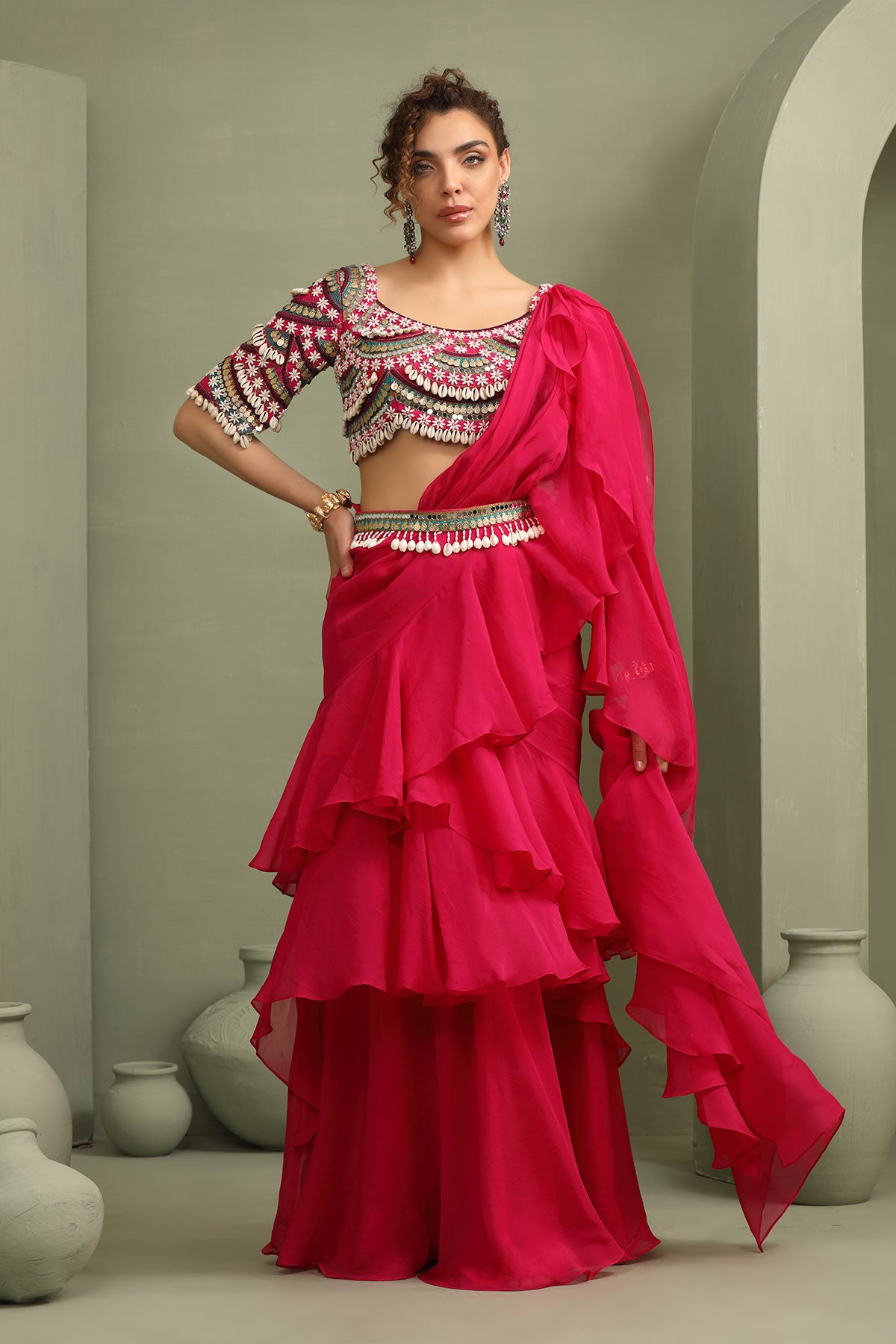 Kitsch colorful embellished blouse & ruffled pre-draped saree