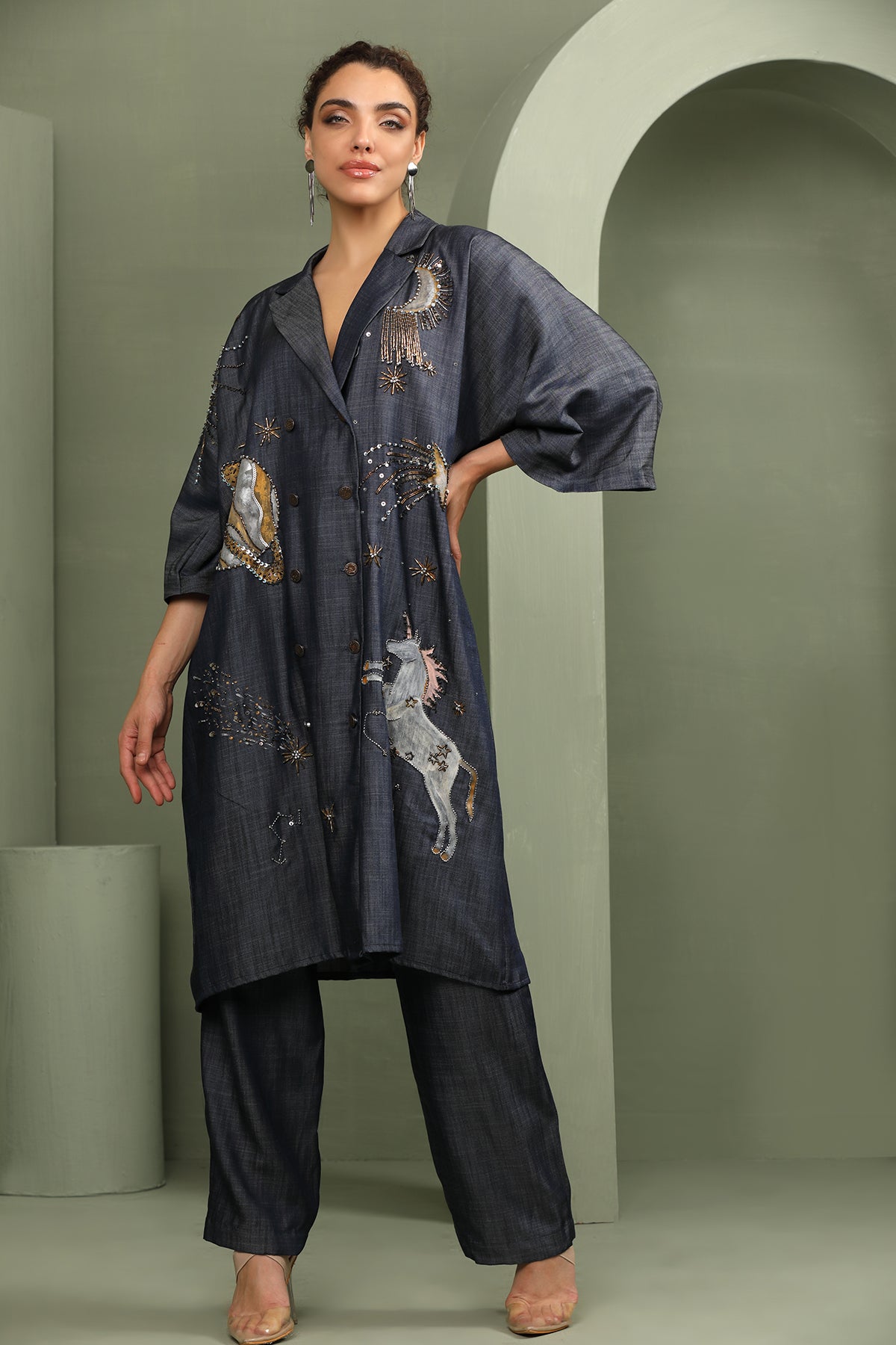 Denim Galaxy Hand painted Trench Co-Ord Set