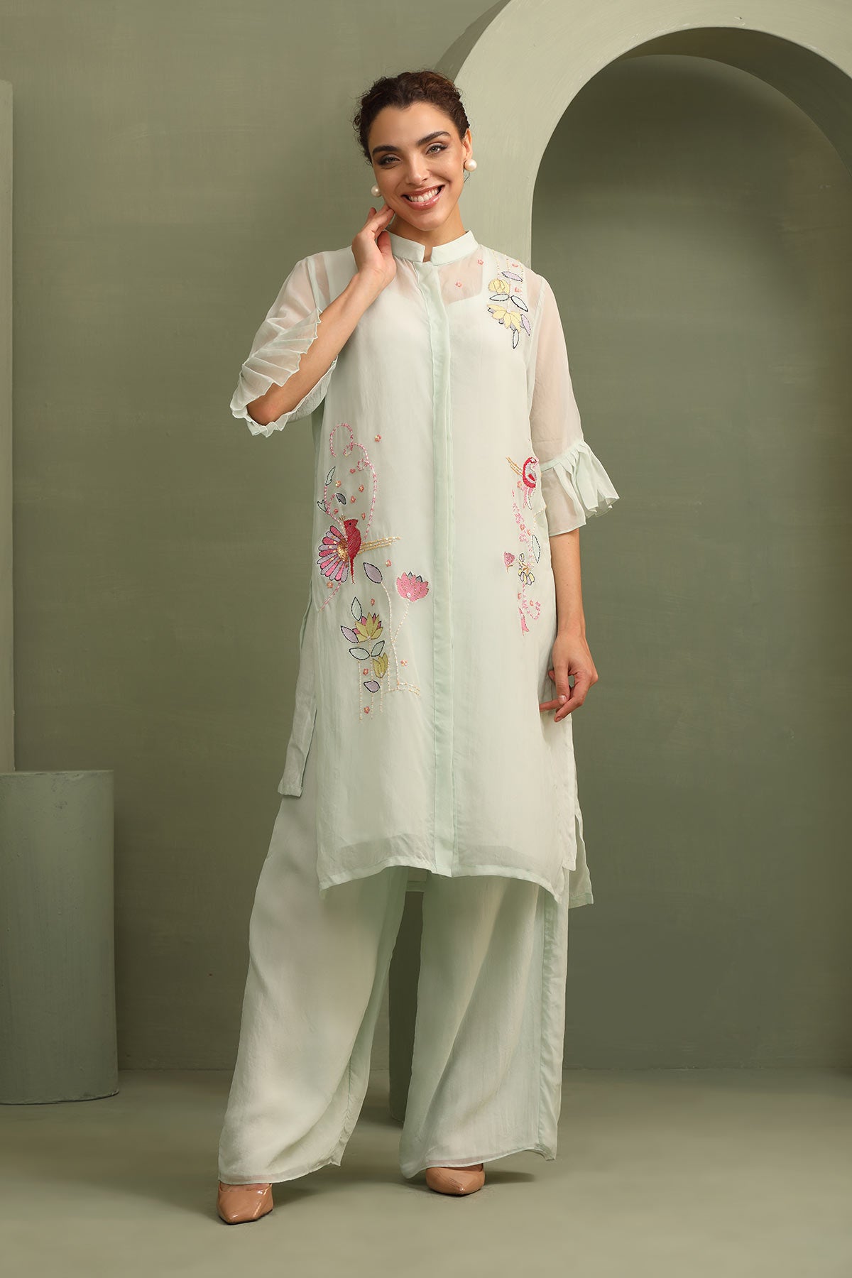 Mandrin collar organza sea-blue applique work kurti tunic with palazzo