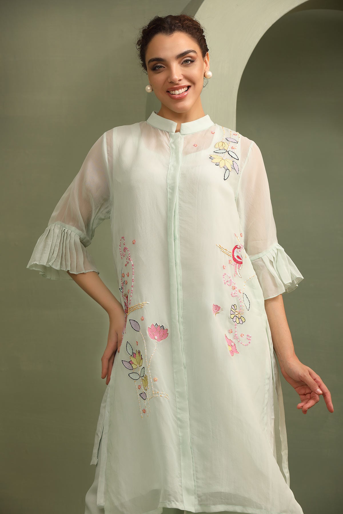 Mandrin collar organza sea-blue applique work kurti tunic with palazzo