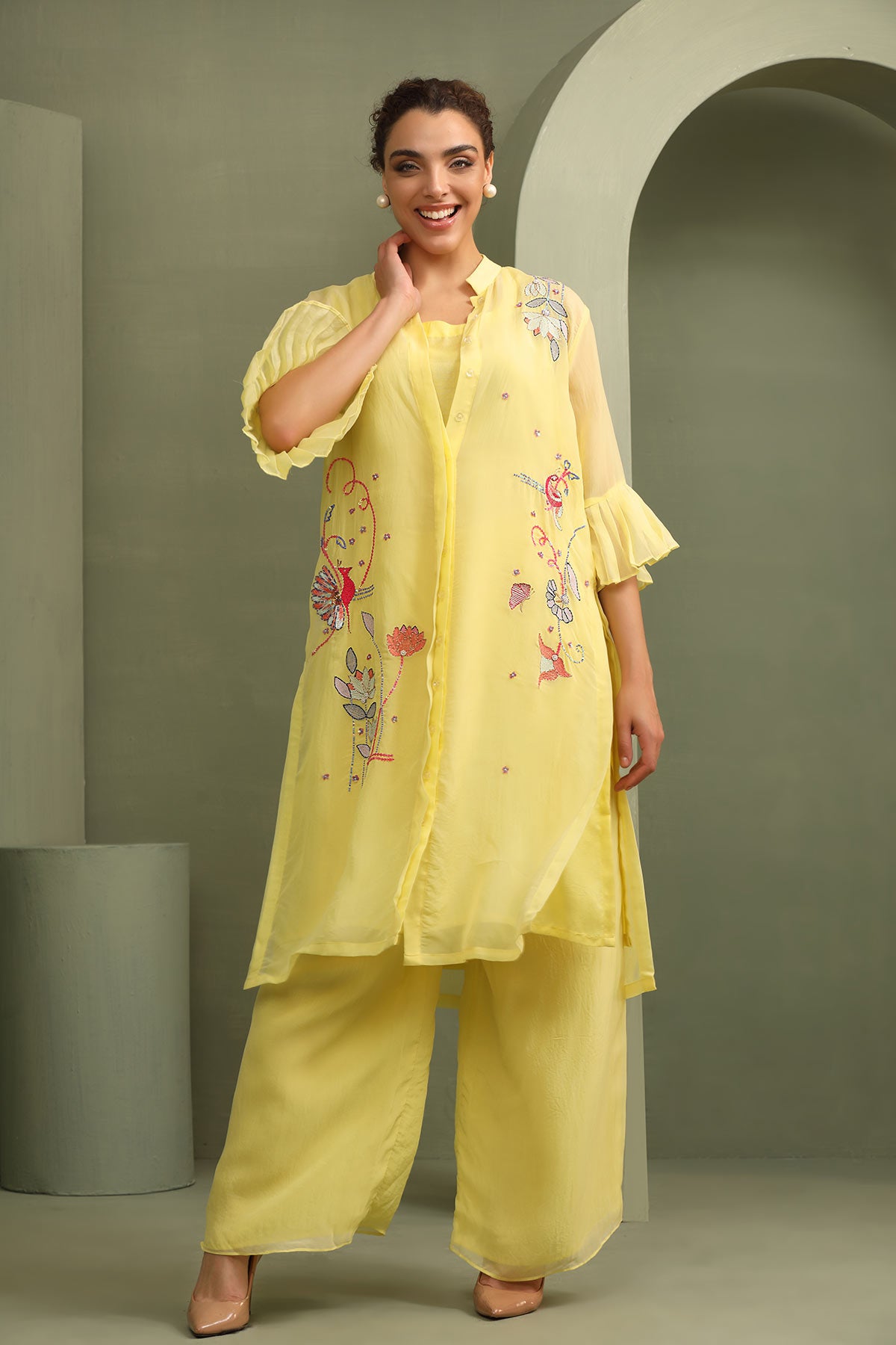 Mandrin collar organza patel yellow applique work kurti tunic with palazzo