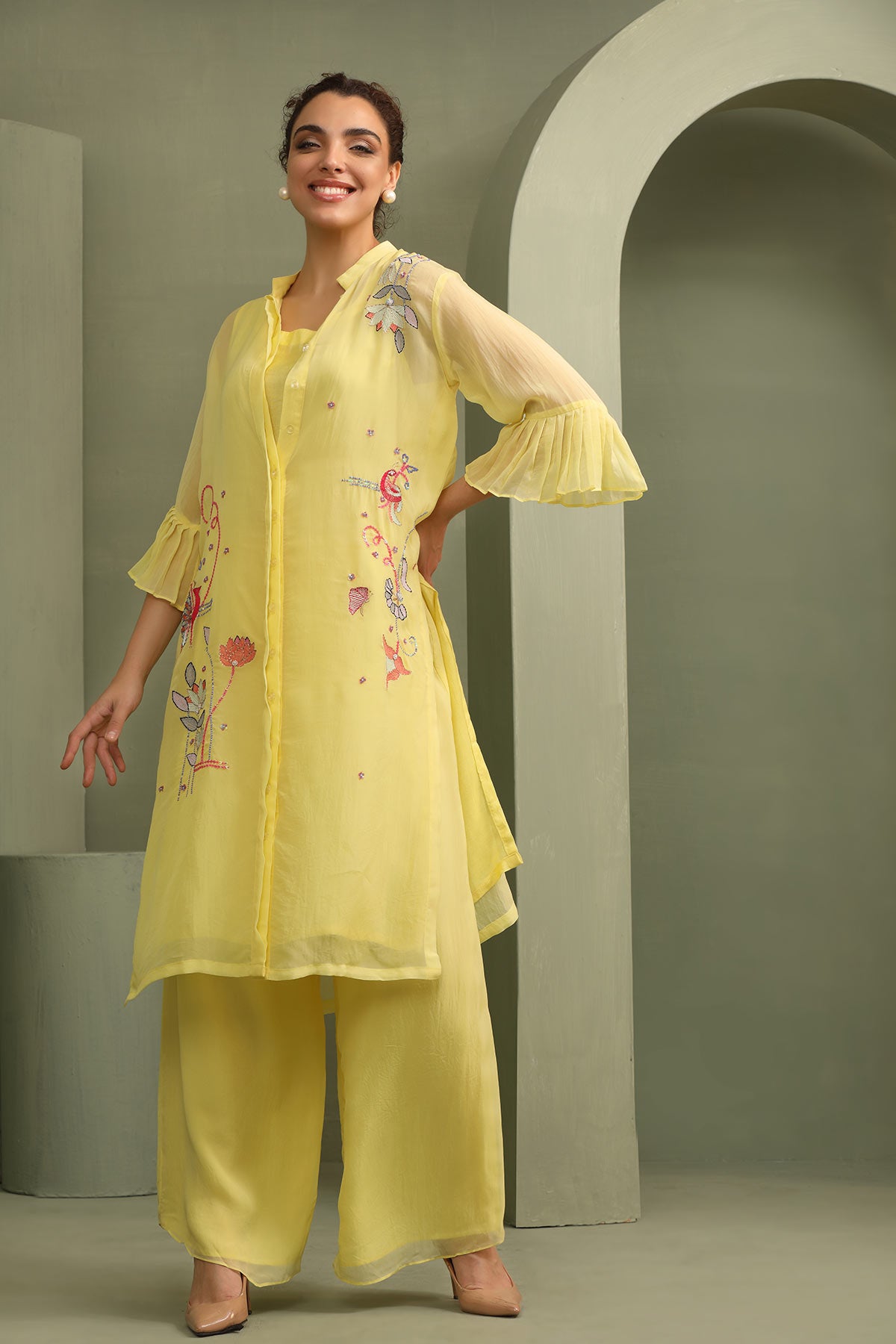 Mandrin collar organza patel yellow applique work kurti tunic with palazzo