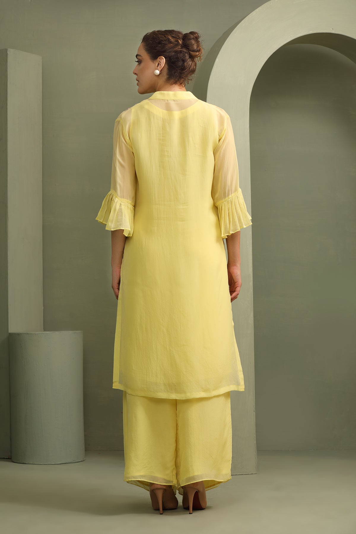 Mandrin collar organza patel yellow applique work kurti tunic with palazzo