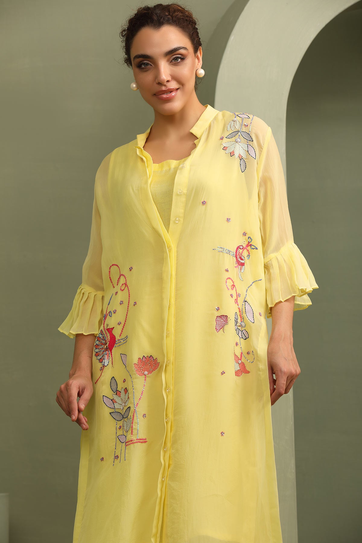 Mandrin collar organza patel yellow applique work kurti tunic with palazzo