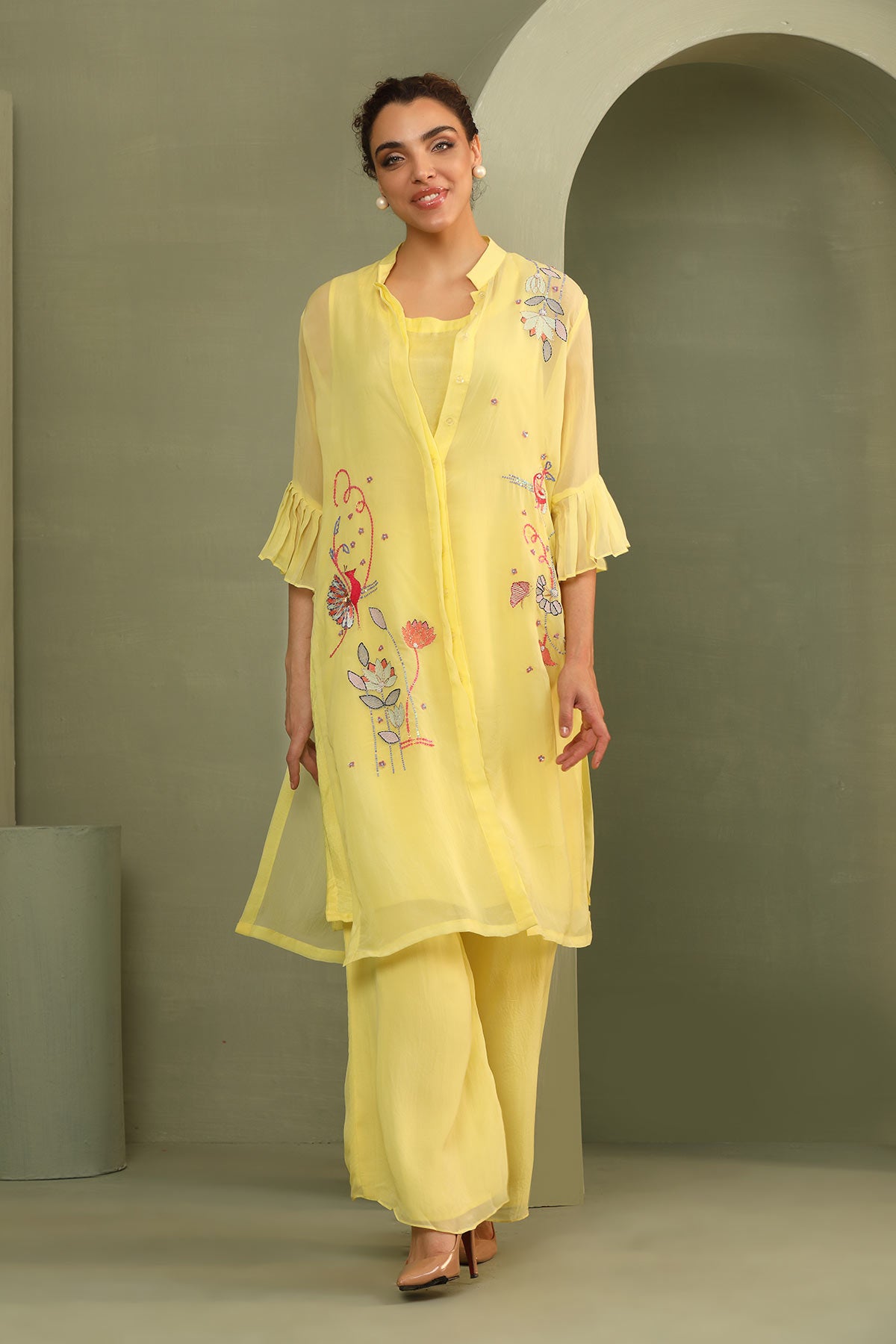 Mandrin collar organza patel yellow applique work kurti tunic with palazzo