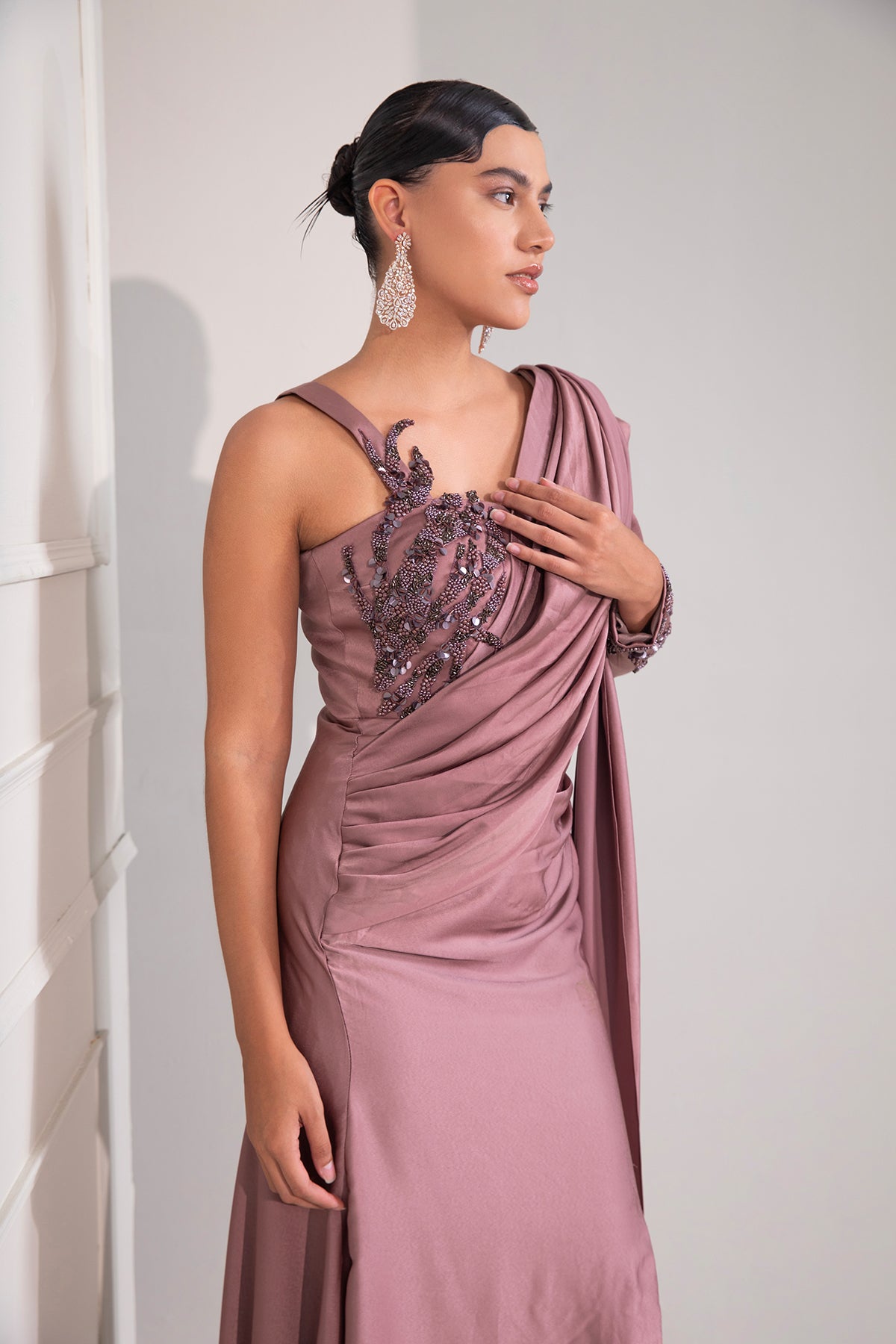 Dusty Mauve draped gown with dramatic Blazer sleeves & tonal embroidery