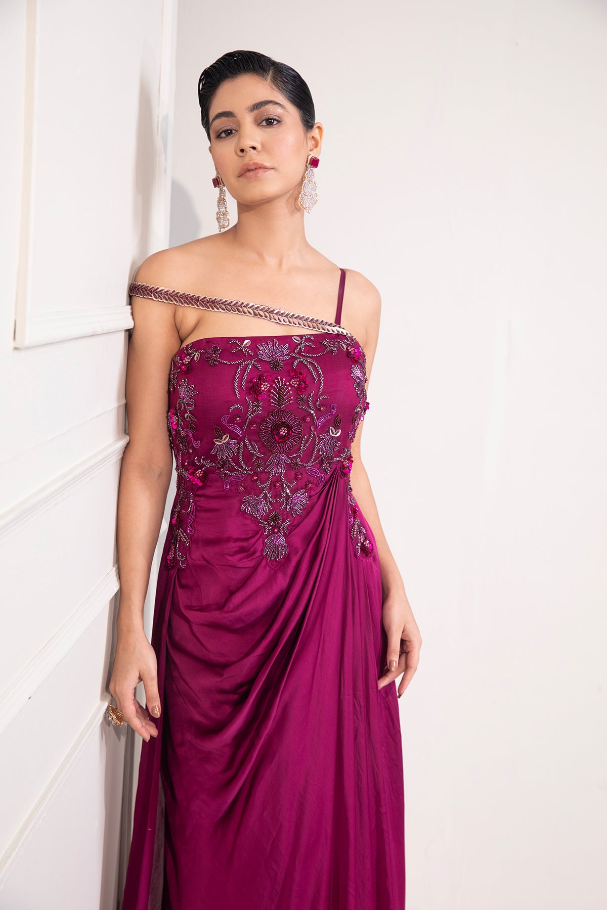 Viva Magenta Draped cocktail gown with embellished corset