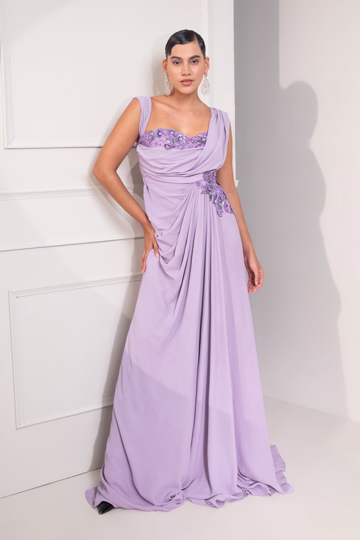 Pastel Lilac draped Cocktail Gown