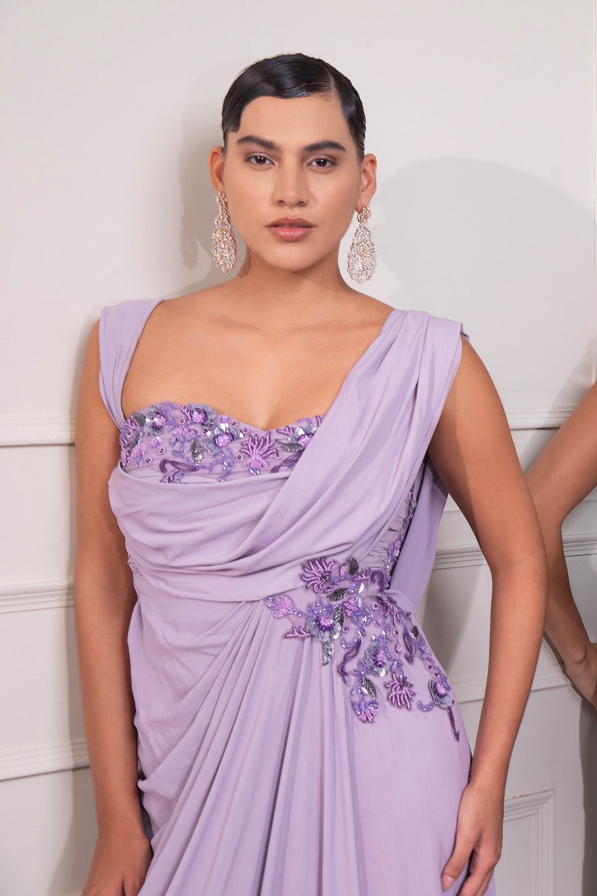 Pastel Lilac draped Cocktail Gown