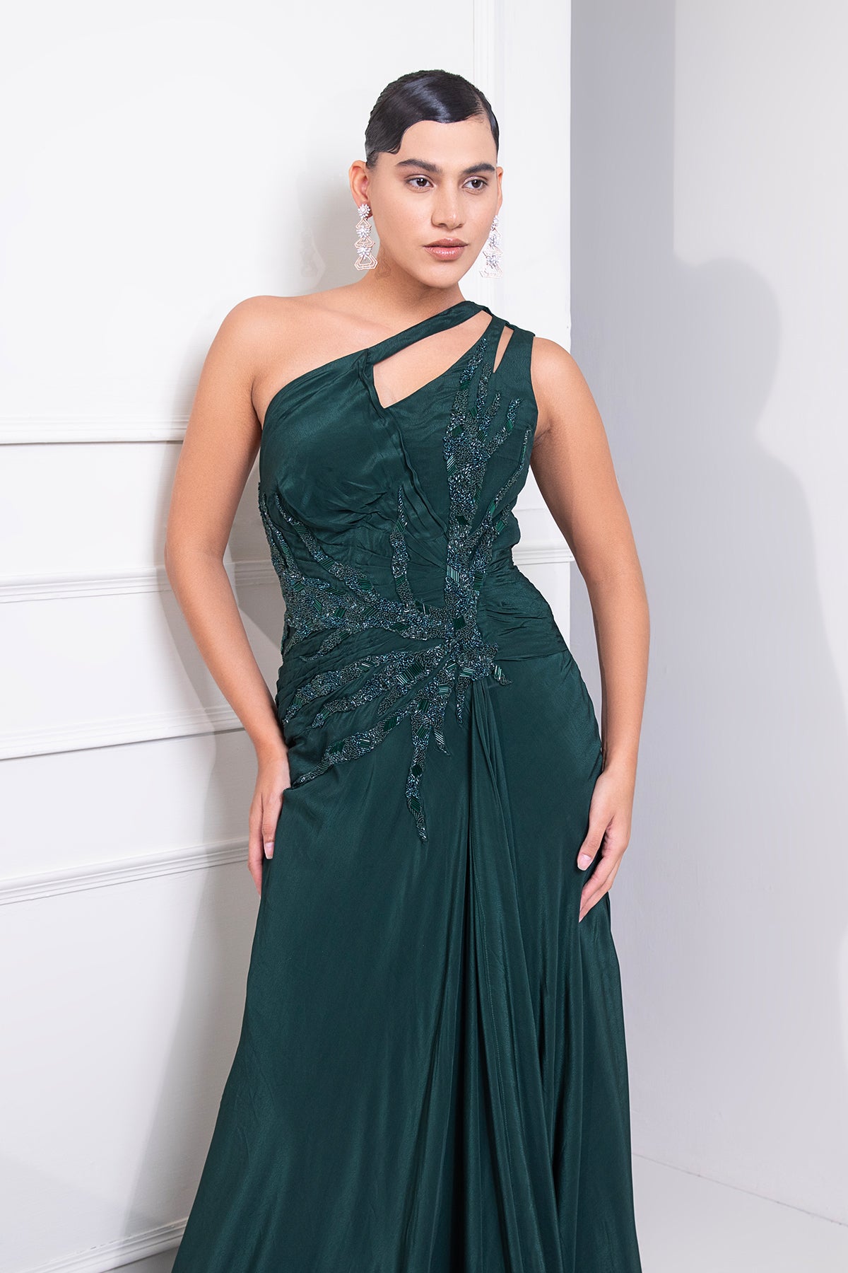 Bottle green one shoulder draped cocktail gown abstract work