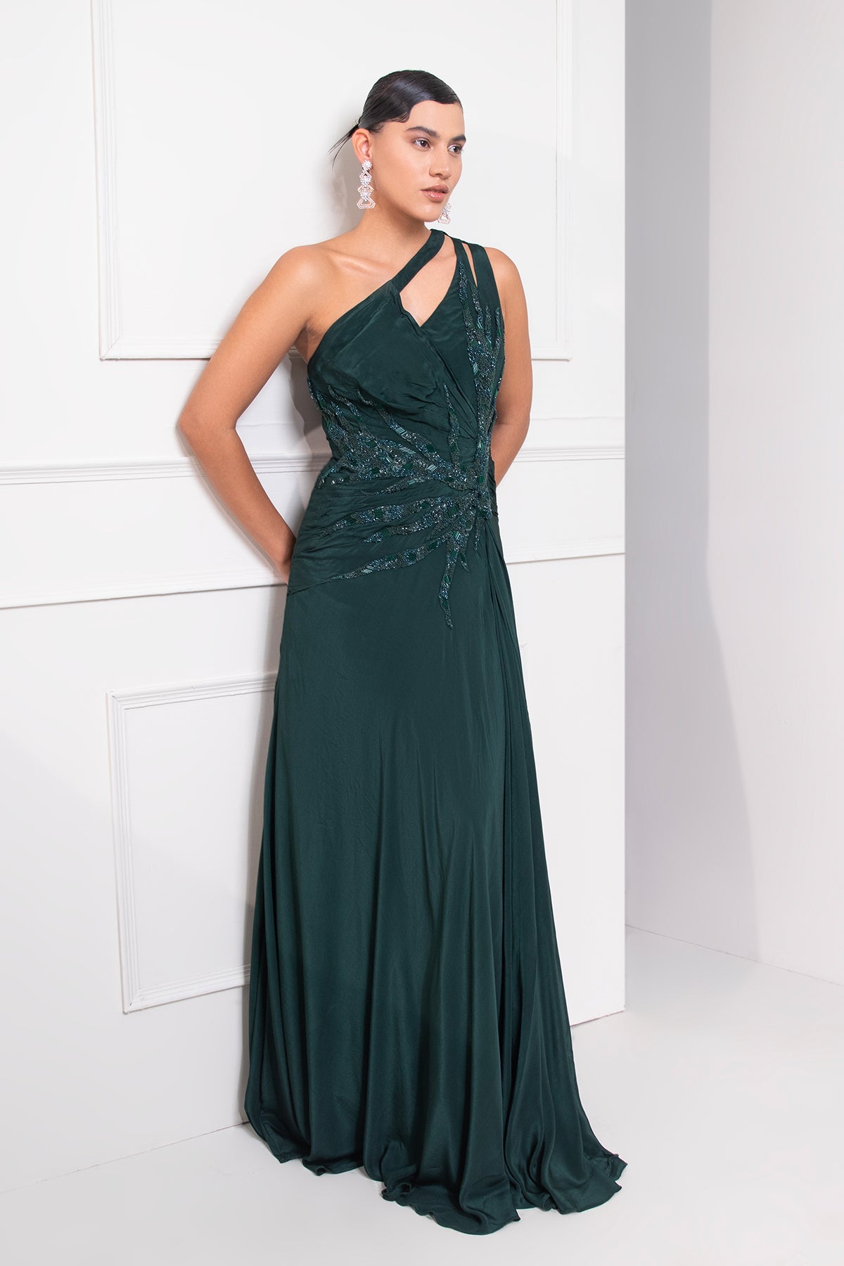 Bottle green one shoulder draped cocktail gown abstract work