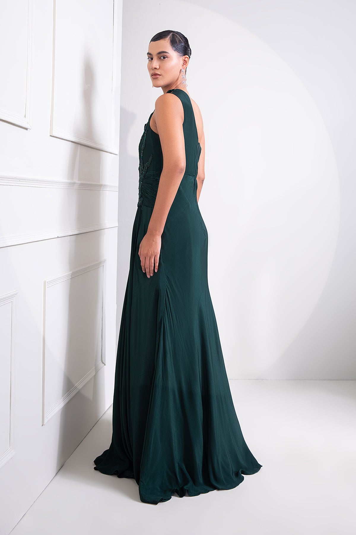 Bottle green one shoulder draped cocktail gown abstract work