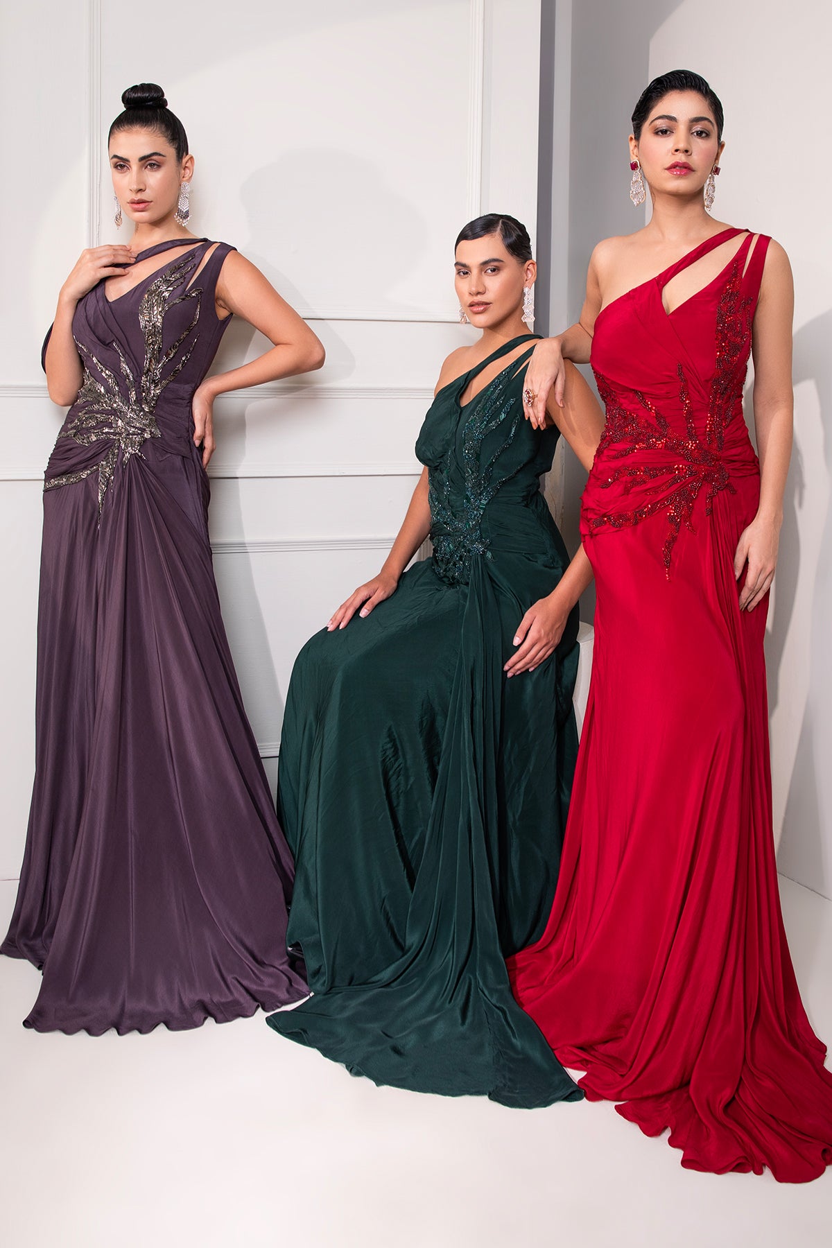 Ruby red one shoulder draped cocktail gown abstract work