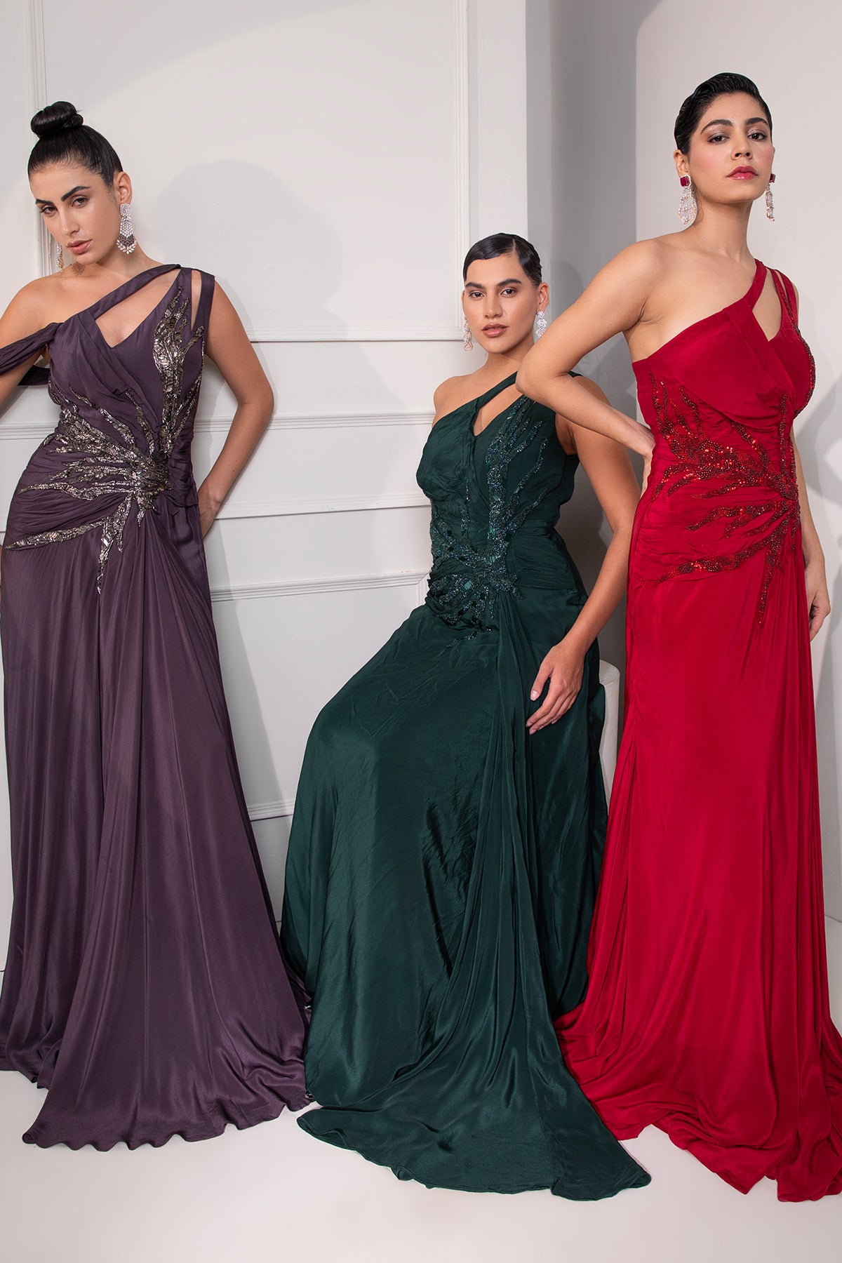 Ruby red one shoulder draped cocktail gown abstract work