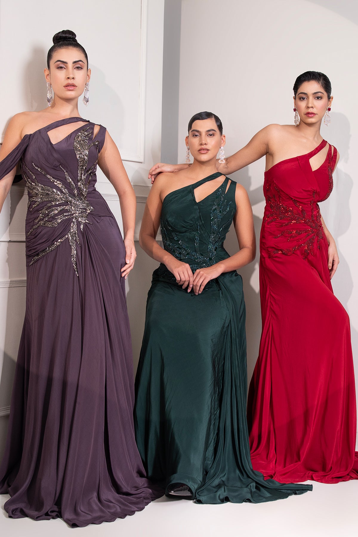 Ruby red one shoulder draped cocktail gown abstract work