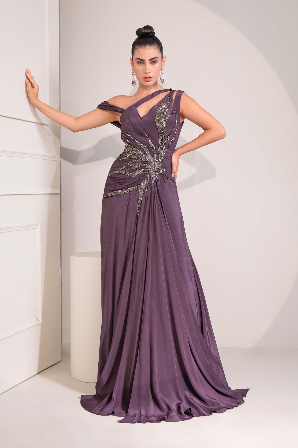 Midnight plum one shoulder gown with abstract work