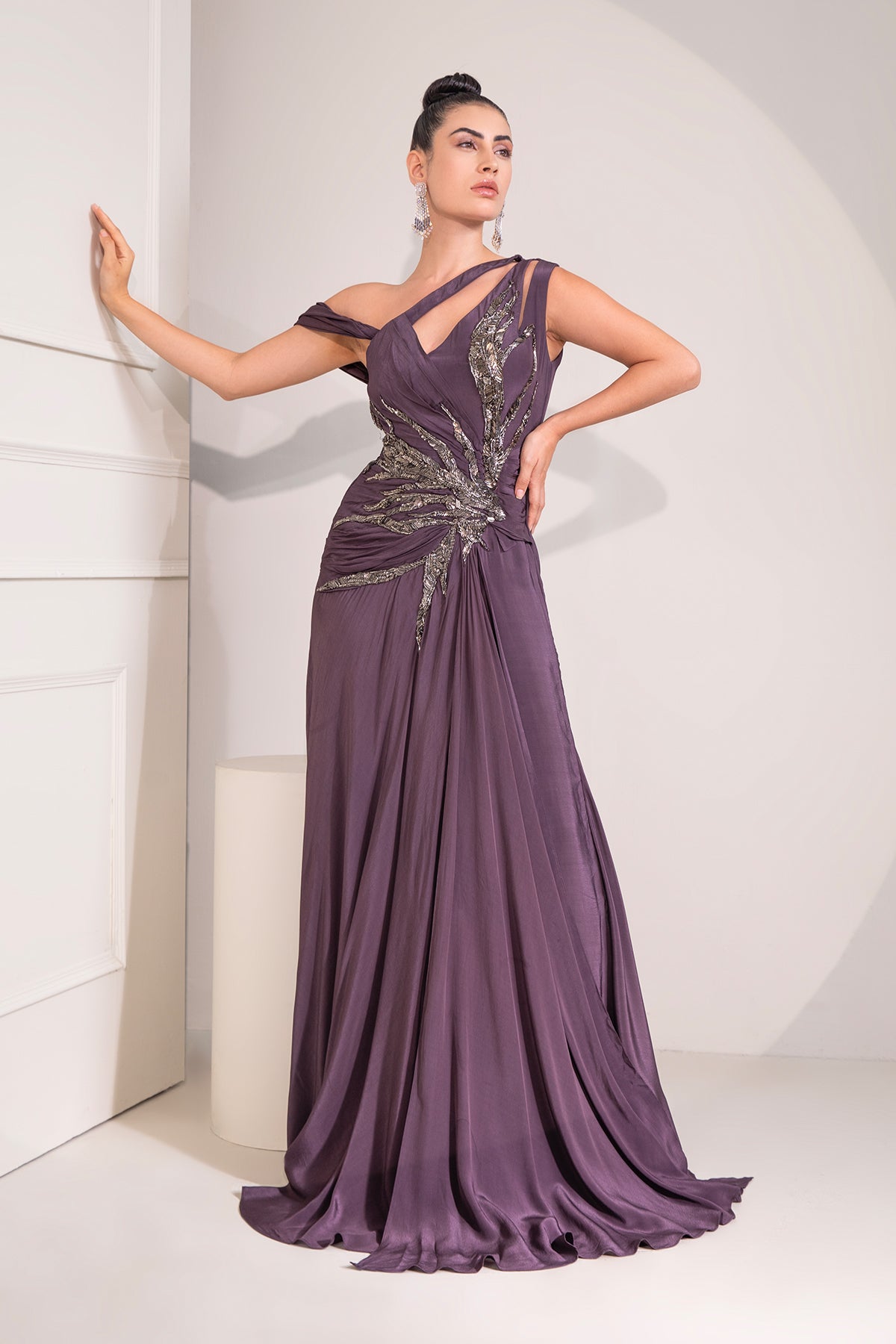 Midnight plum one shoulder gown with abstract work