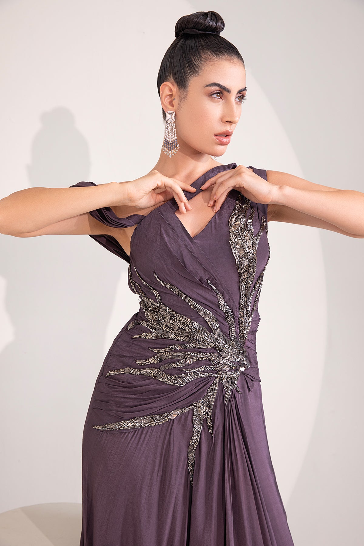 Midnight plum one shoulder gown with abstract work