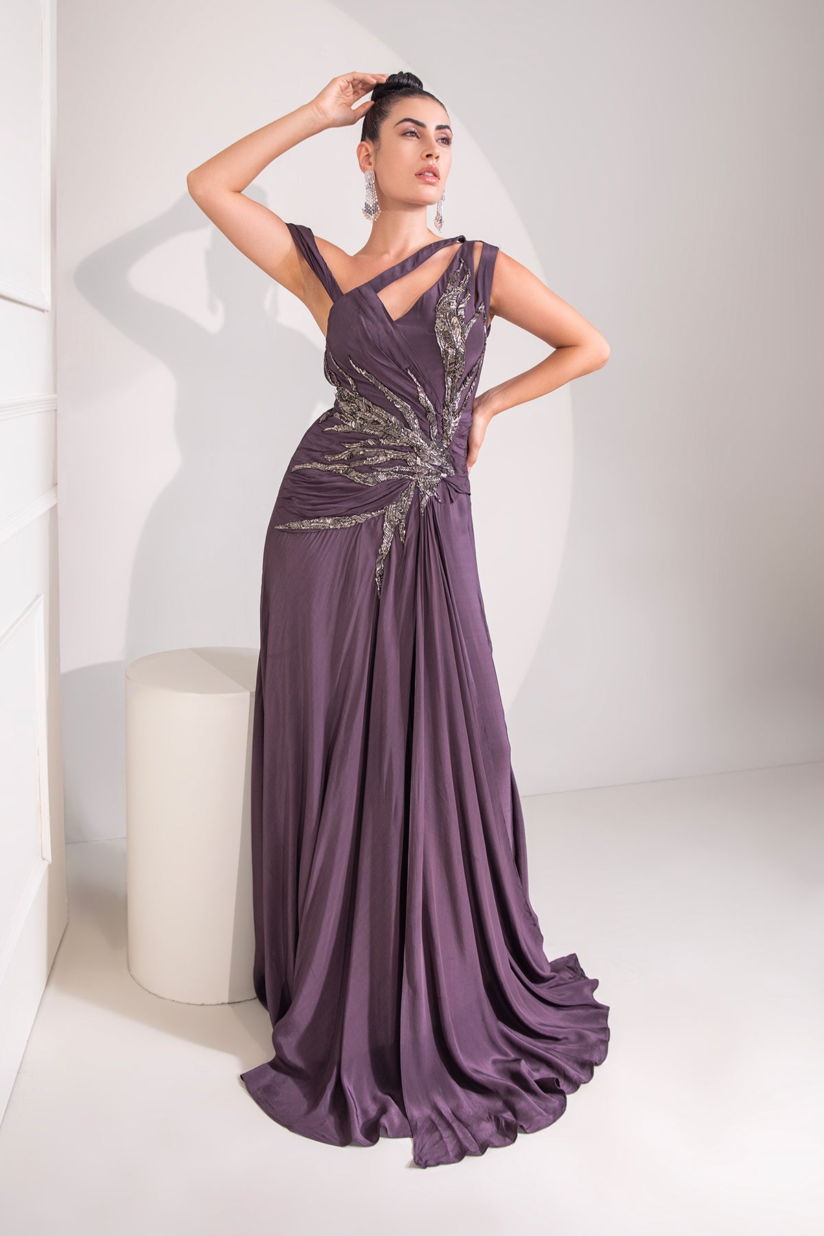 Midnight plum one shoulder gown with abstract work