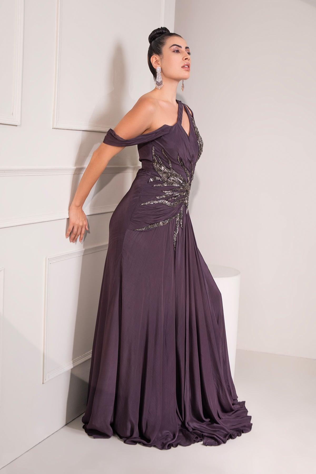 Midnight plum one shoulder gown with abstract work