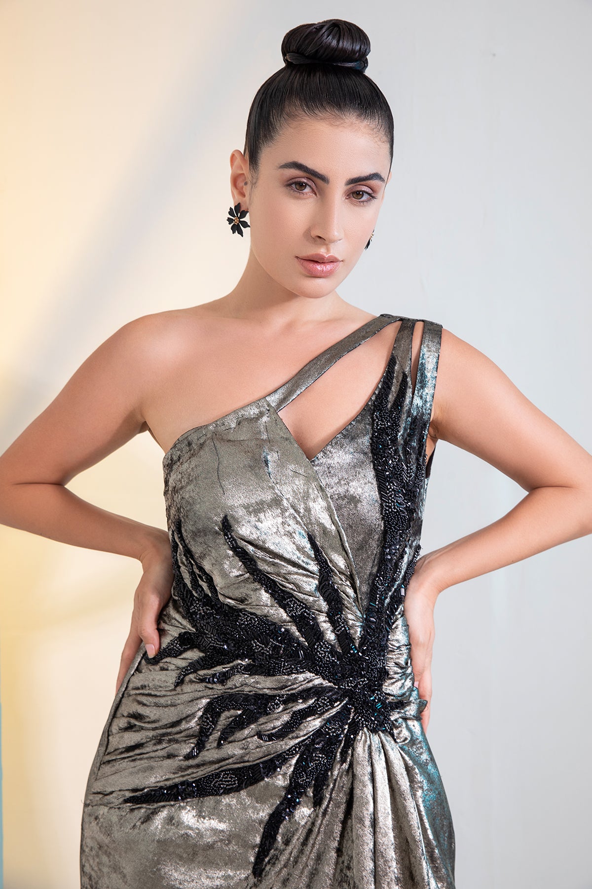 Grey Metalica one shoulder Cocktail Gown