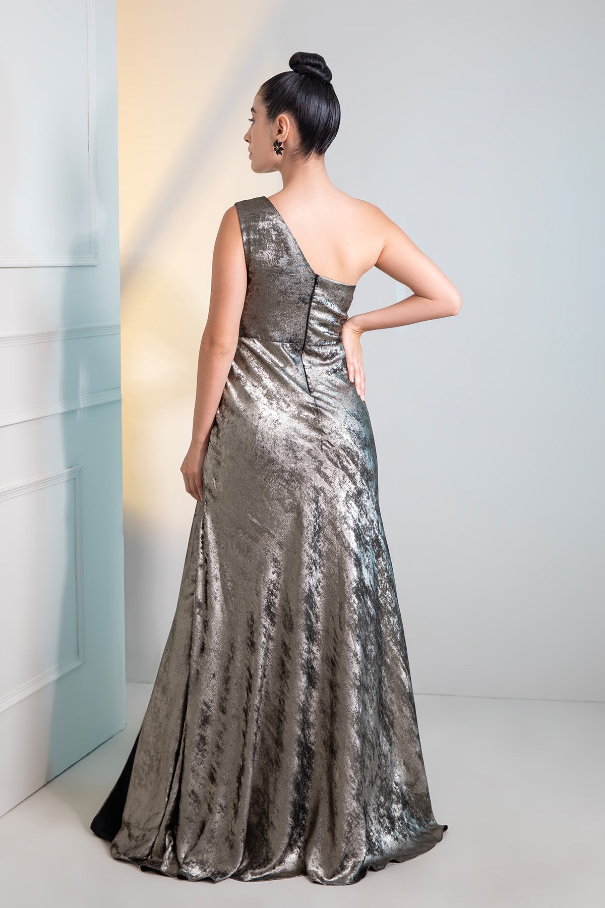 Grey Metalica one shoulder Cocktail Gown