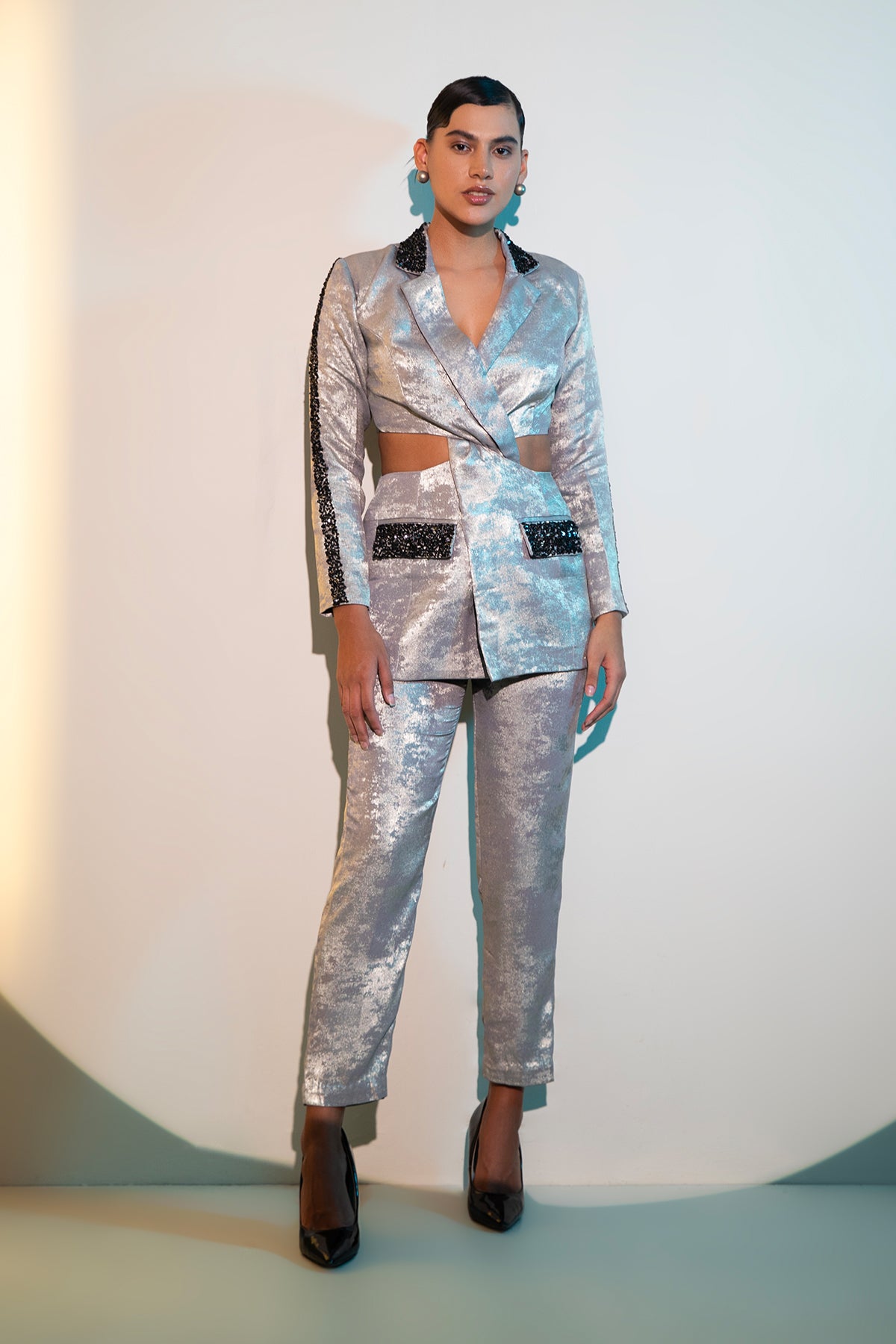 Cutout waist Twisted tailored embellished coat & trouser Co-ord set