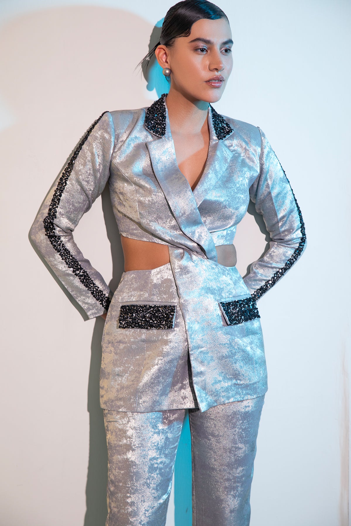 Cutout waist Twisted tailored embellished coat & trouser Co-ord set