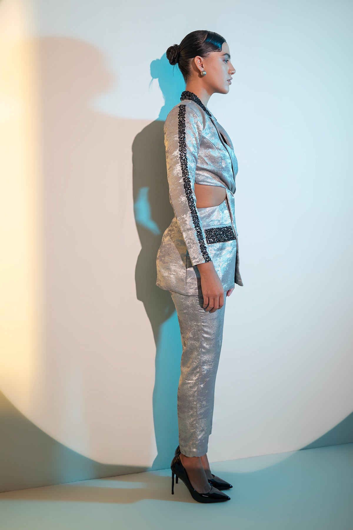 Cutout waist Twisted tailored embellished coat & trouser Co-ord set