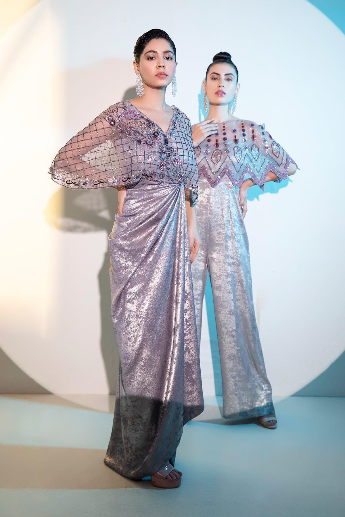 Purple Metallica embellished cape Gown