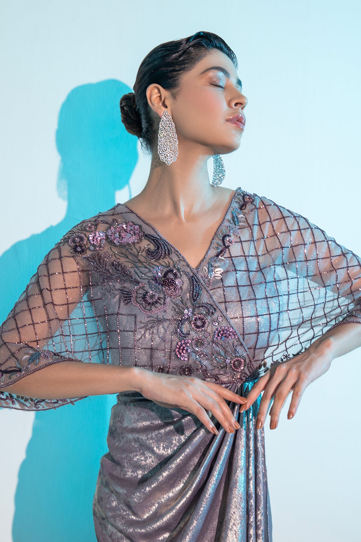 Purple Metallica embellished cape Gown