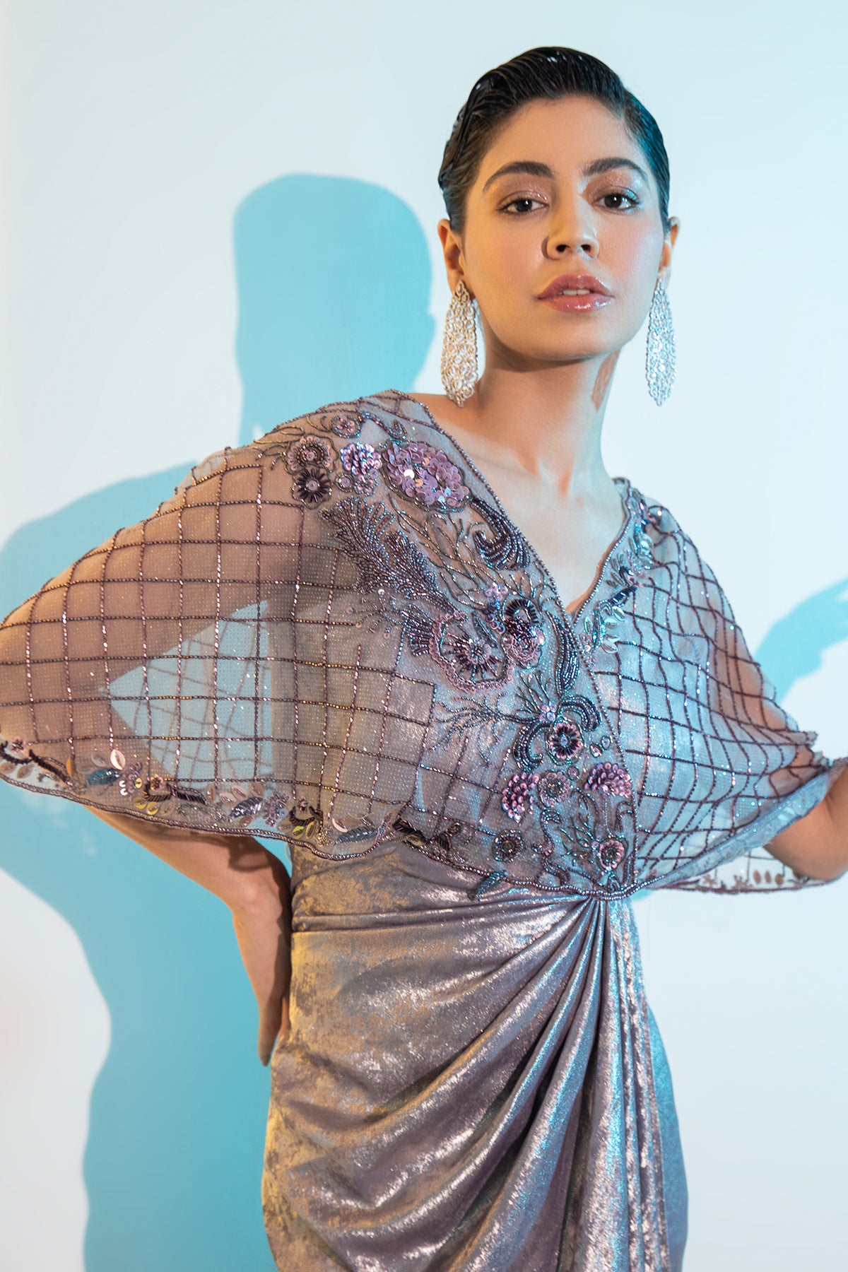 Purple Metallica embellished cape Gown