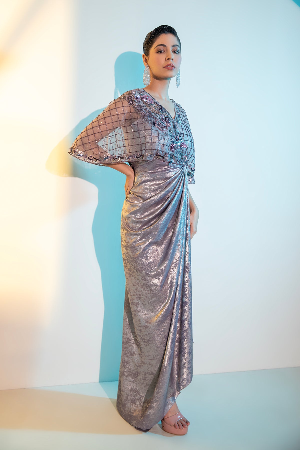 Purple Metallica embellished cape Gown