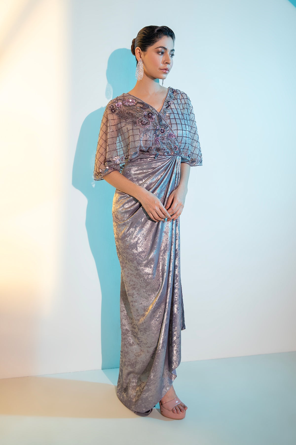Purple Metallica embellished cape Gown