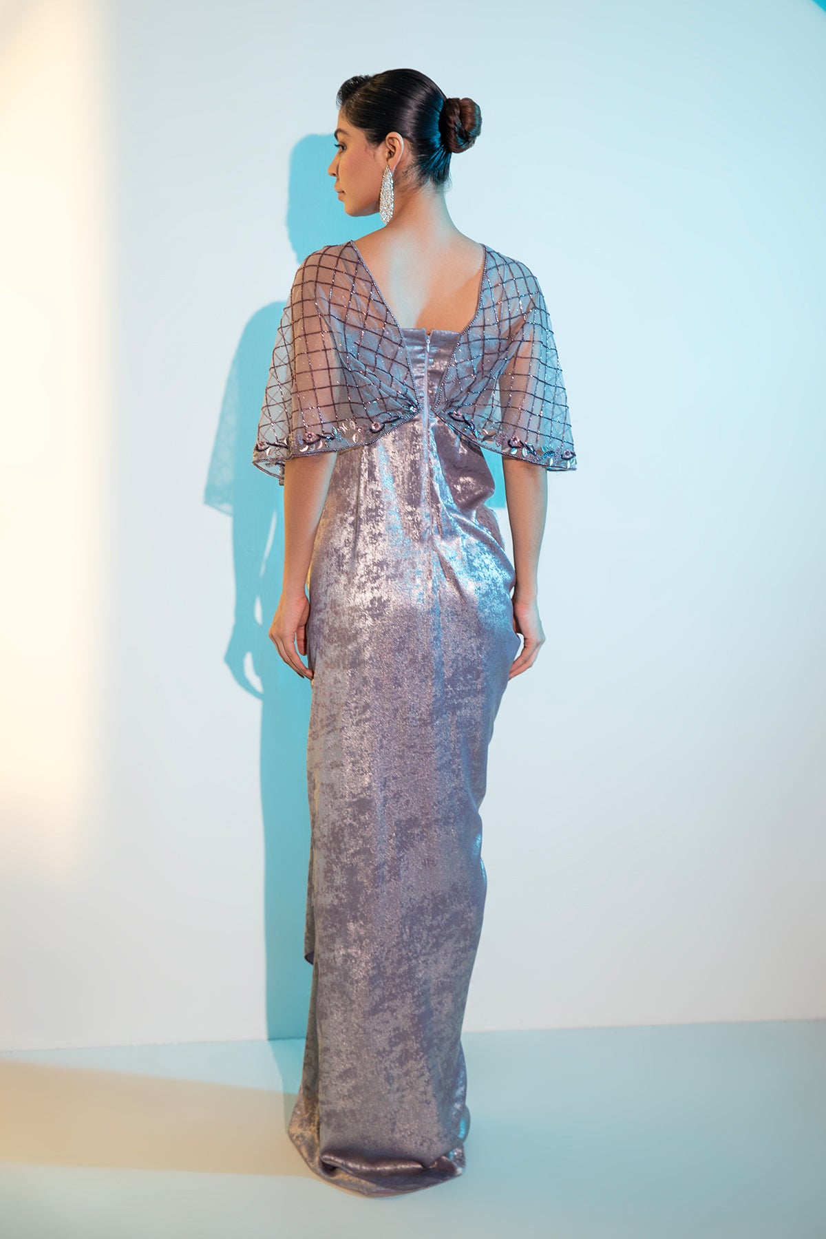 Purple Metallica embellished cape Gown