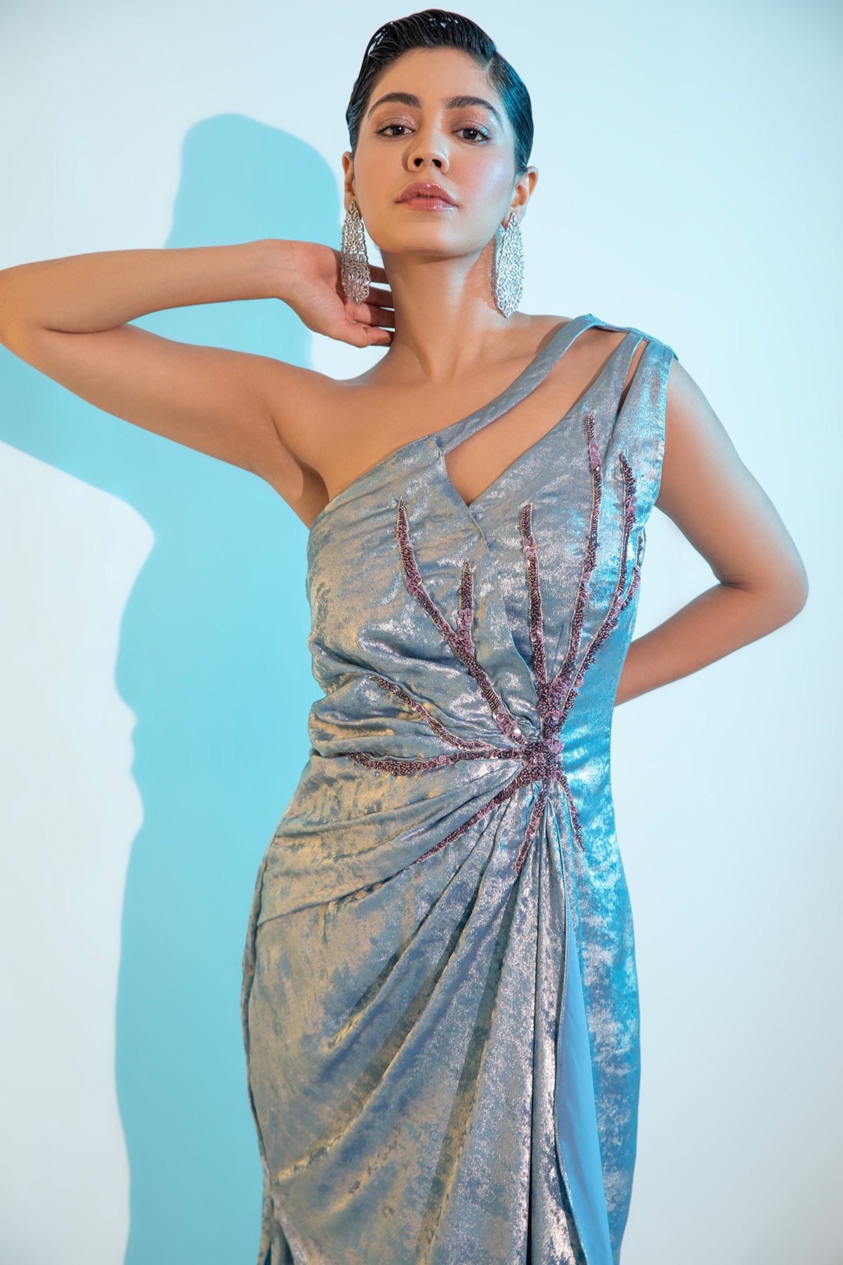 Blue Metallica draped Midi Gown