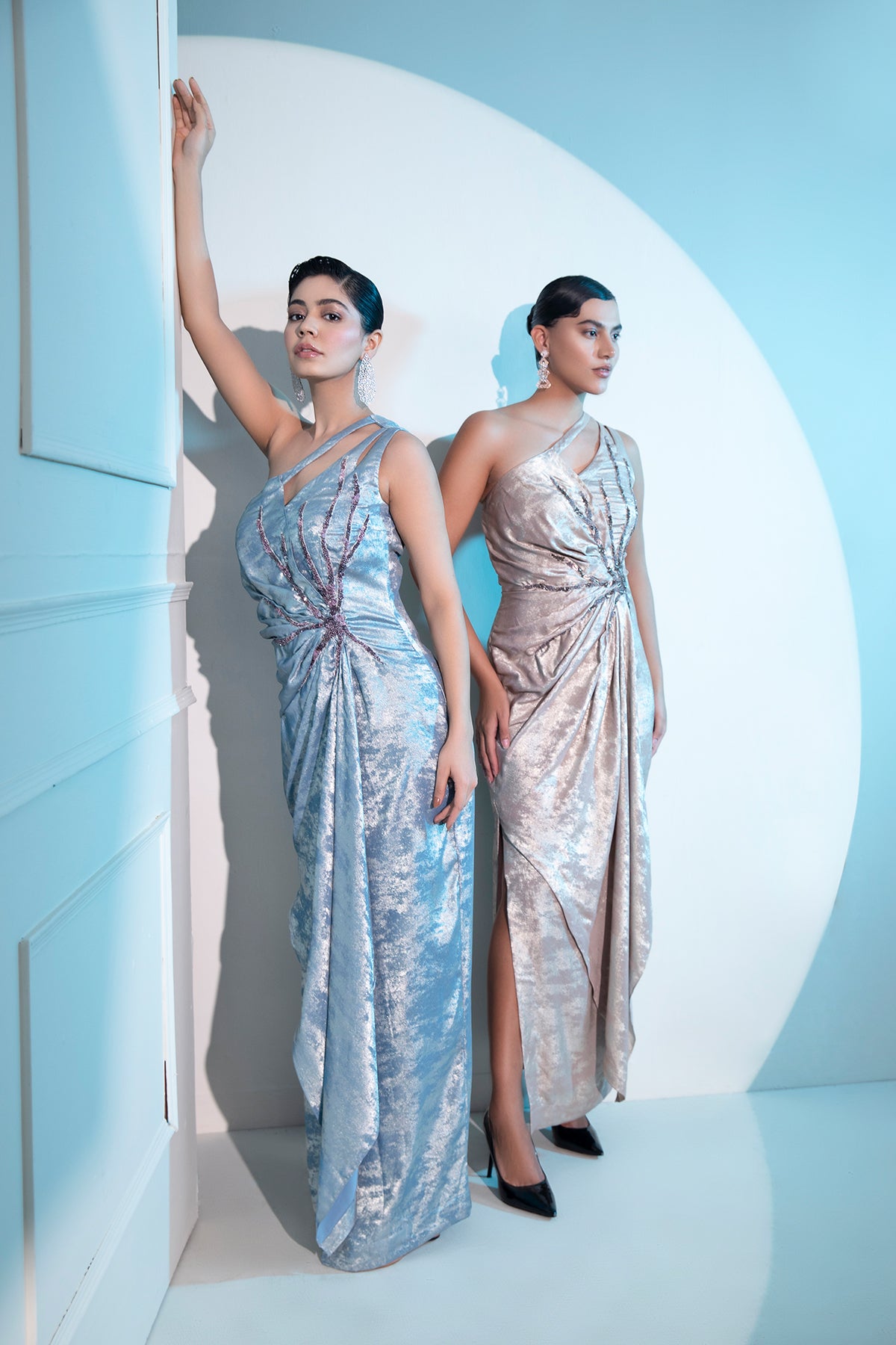 Blue Metallica draped Midi Gown