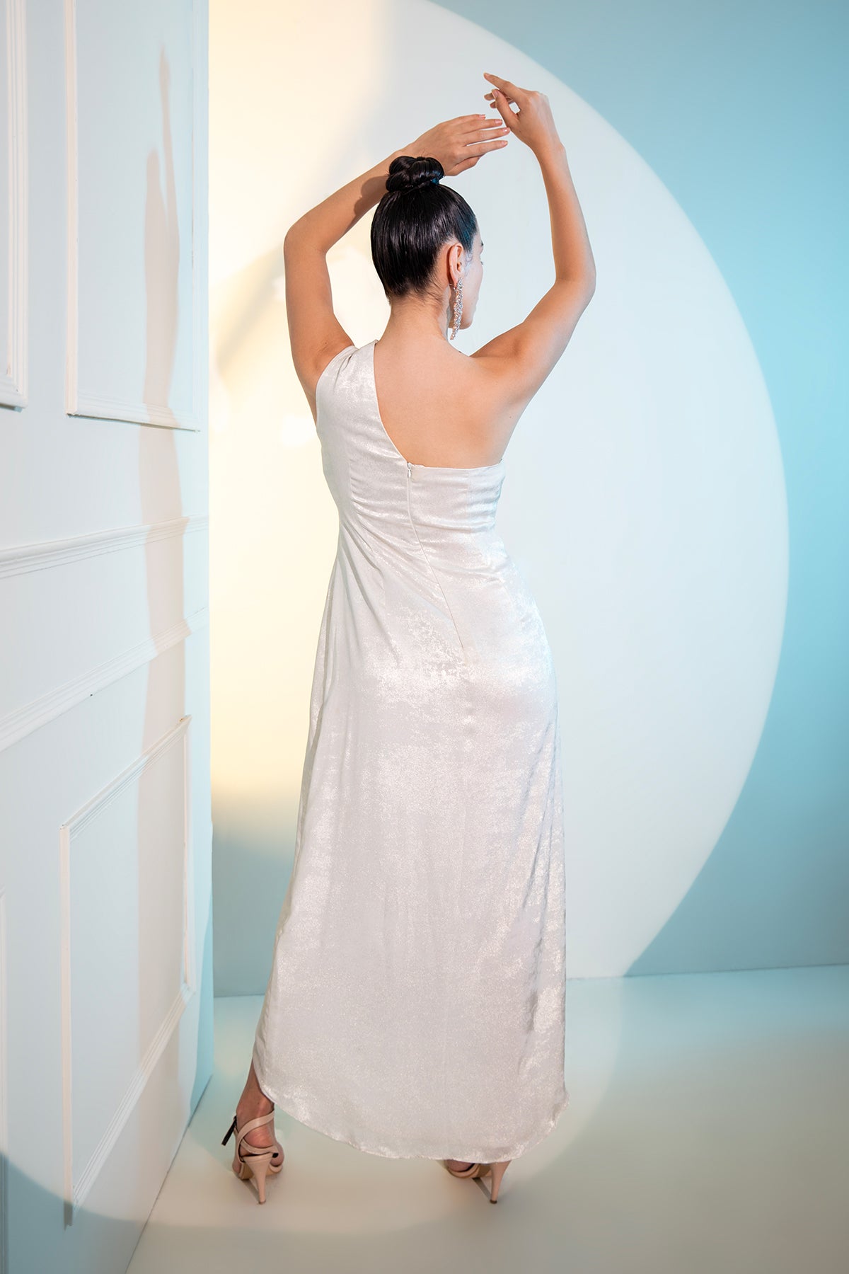 Ivory silver Metallica draped Midi Gown