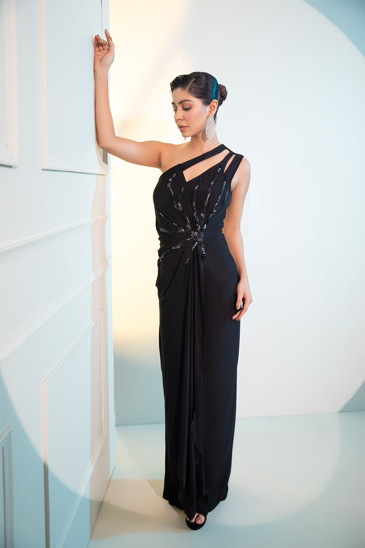One Shoulder draped midi Cocktail dress