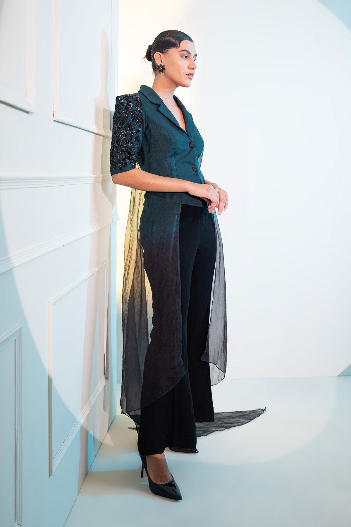Green Ombre Draped Blazer with embellished puff sleeves & tailored pants Co-ord set