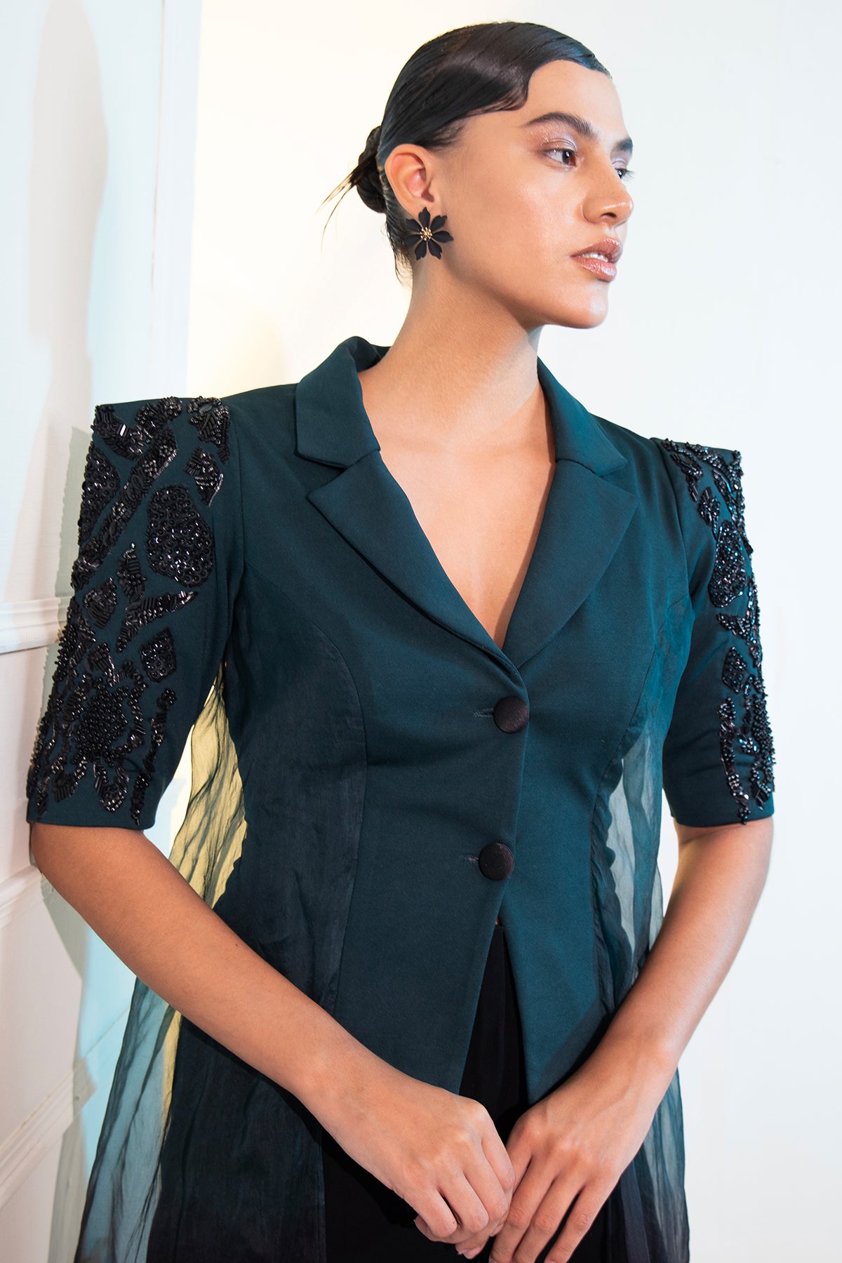 Green Ombre Draped Blazer with embellished puff sleeves & tailored pants Co-ord set