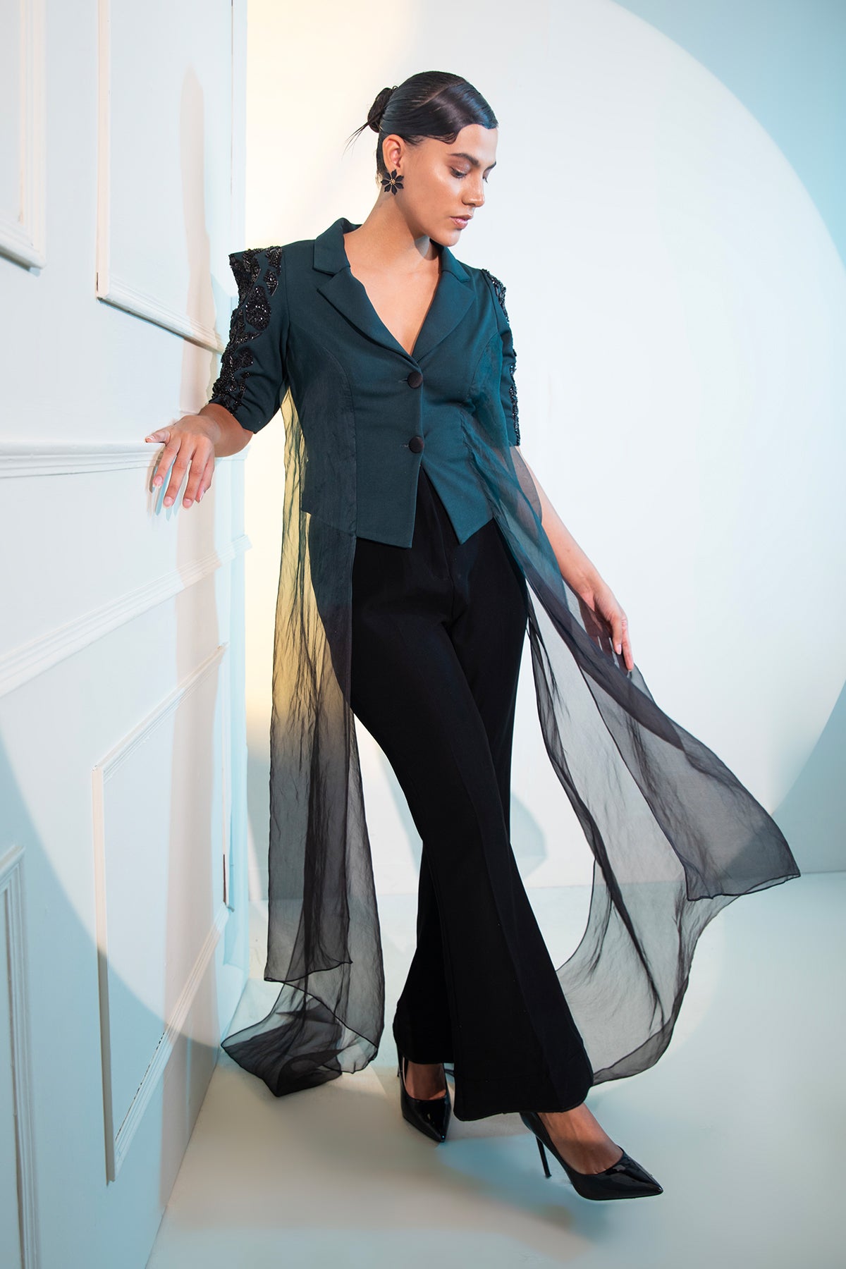 Green Ombre Draped Blazer with embellished puff sleeves & tailored pants Co-ord set
