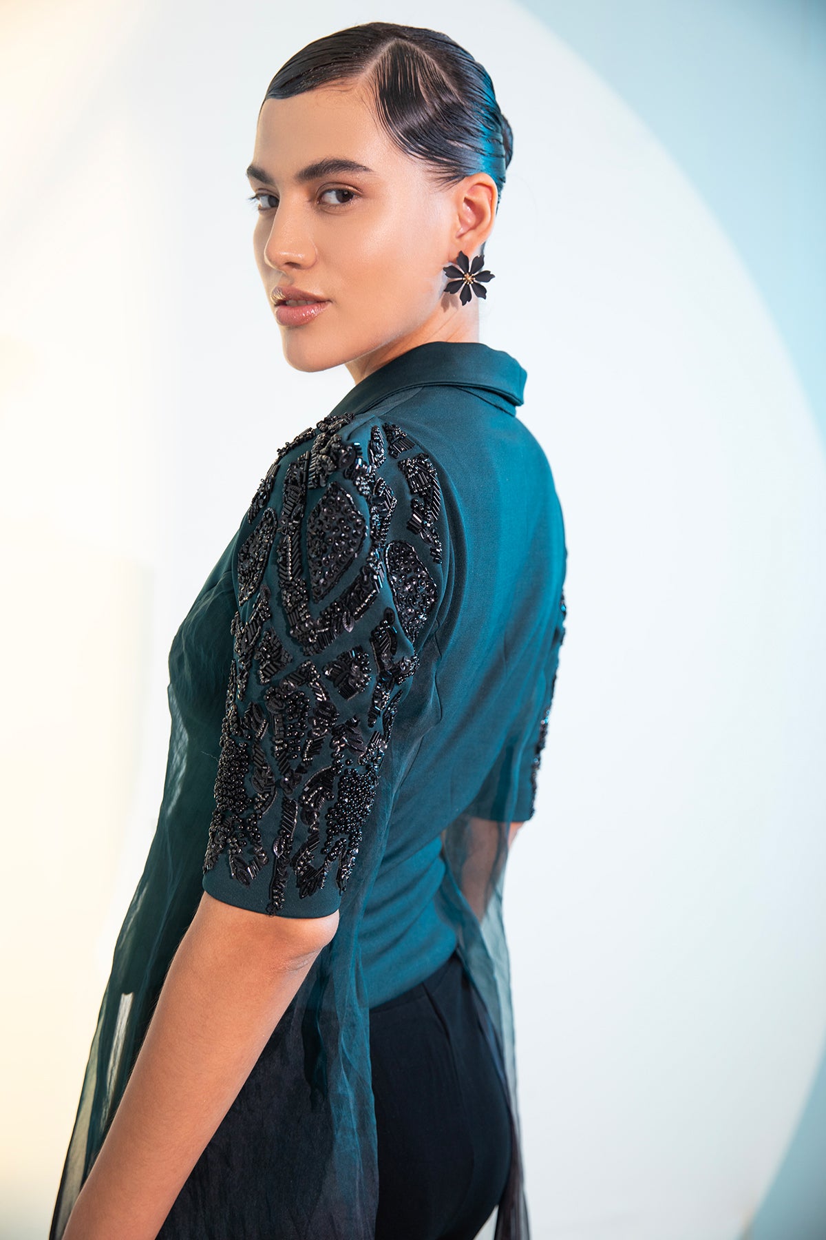 Green Ombre Draped Blazer with embellished puff sleeves & tailored pants Co-ord set