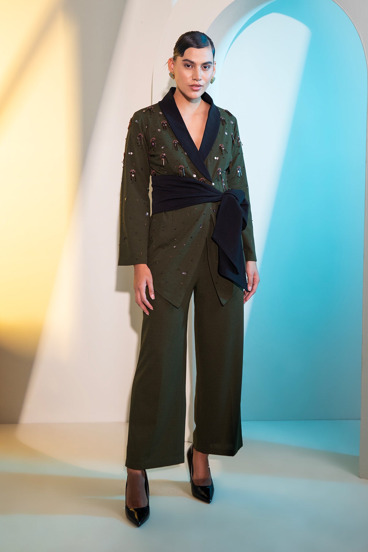 Green structured Overlap belt wraped Blazer & Trouser set