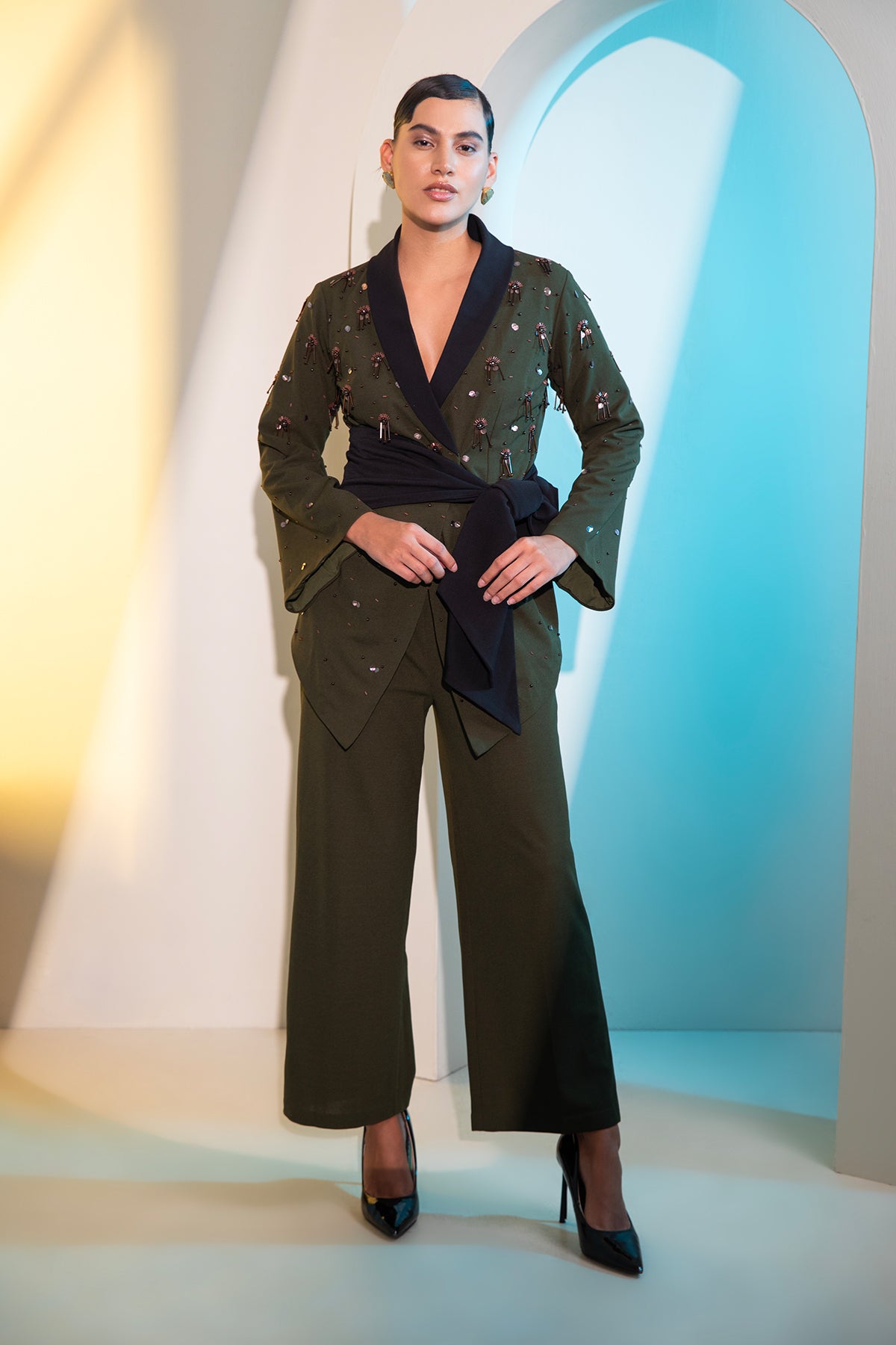 Green structured Overlap belt wraped Blazer & Trouser set